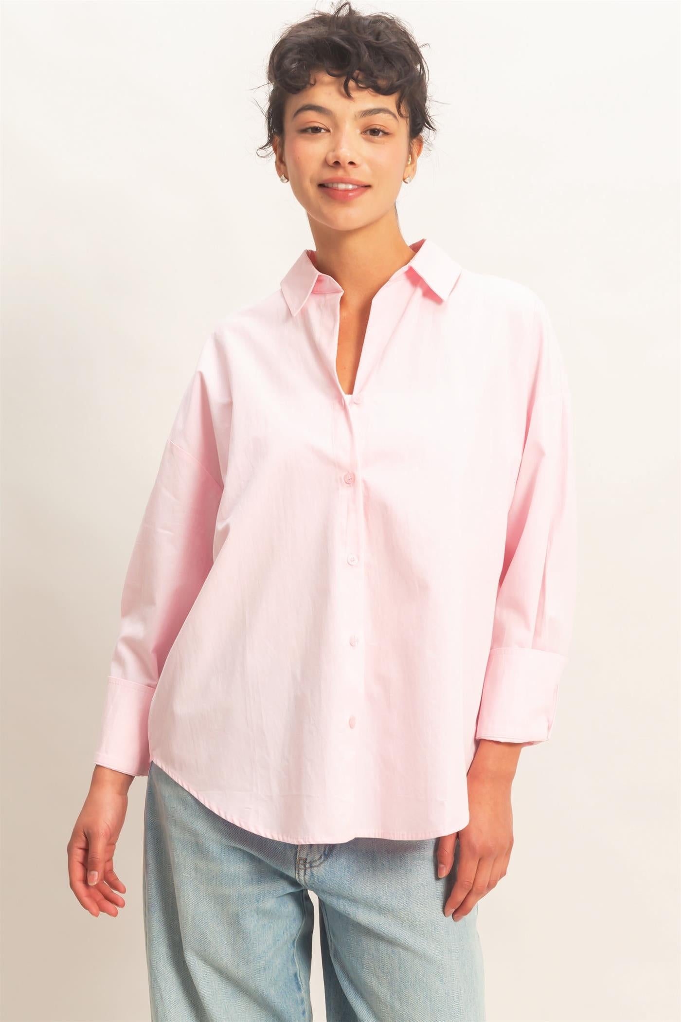 Wholesale Button Up Poplin Shirt Clothing Tops DZ26A330 SOFT PINK HYFVE