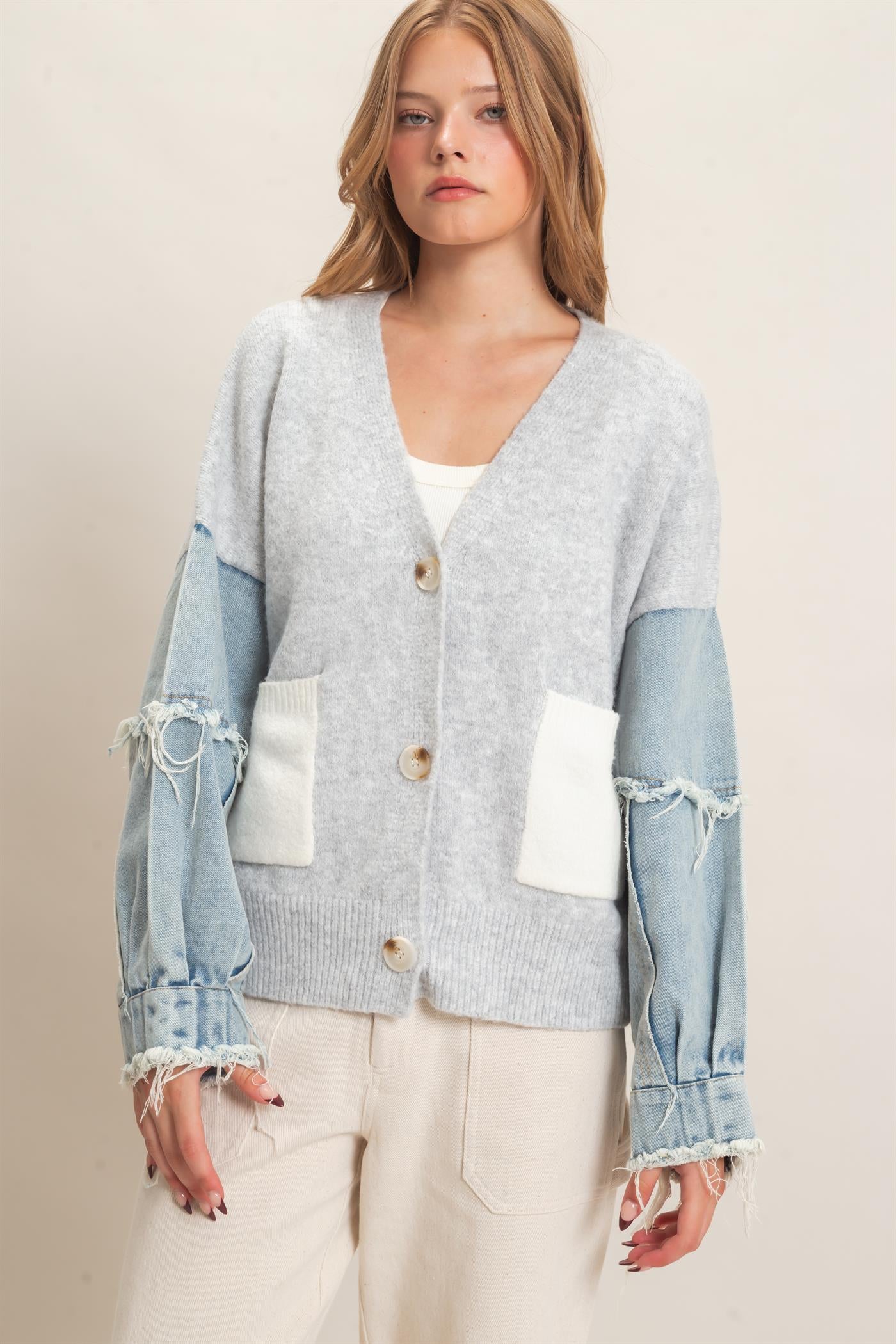 Wholesale V-Neck Cardigan With Distressed Denim Sleeves Cardigans HF26E838 LIGHT GRAY HYFVE