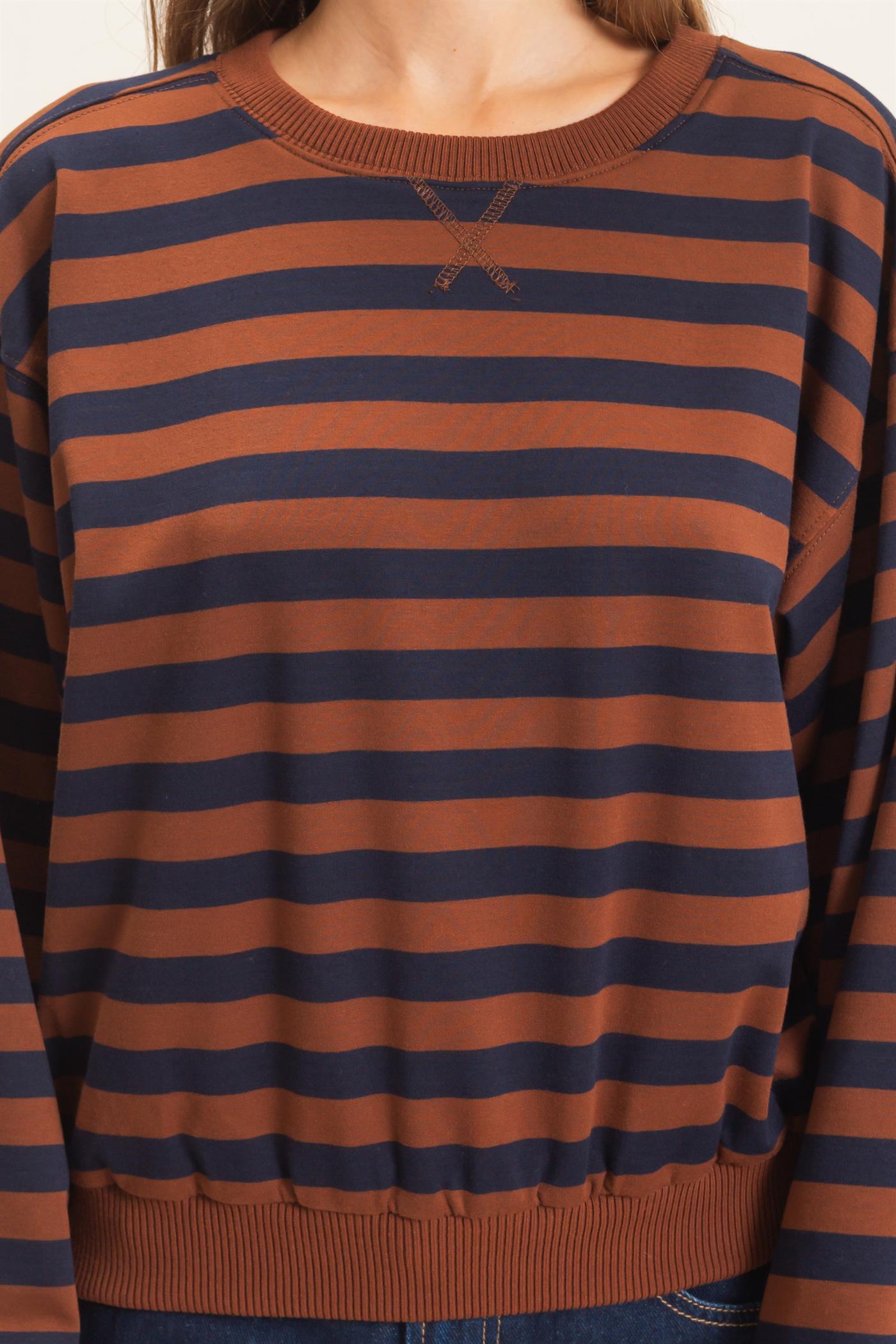 Wholesale Striped Crew Neck Sweatshirt Sweatshirts HF26E010 BROWN HYFVE