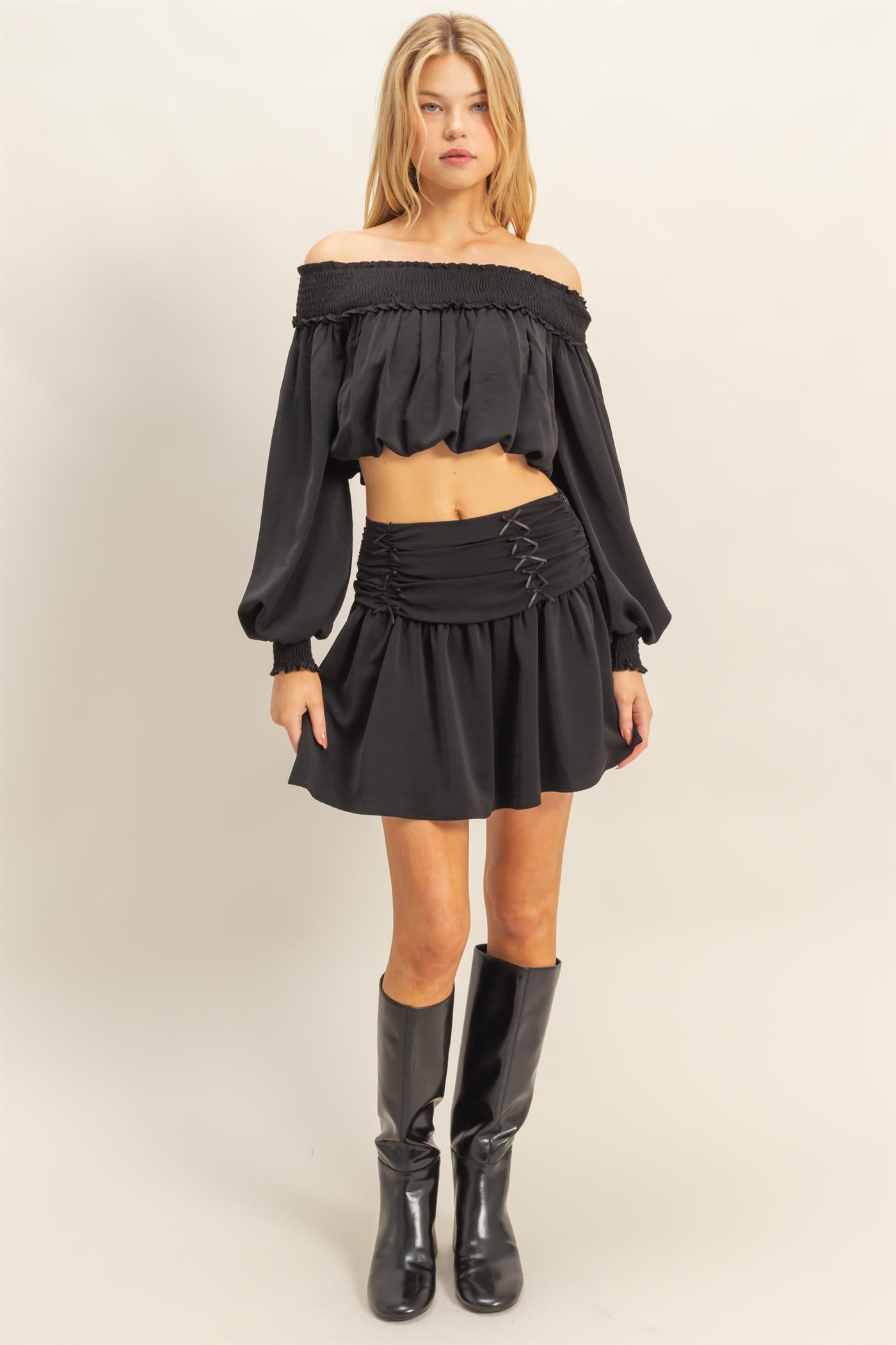 Wholesale Romantic Off Shoulder Top And Gathered Skirt Set Clothing HF25A243-SET BLACK HYFVE