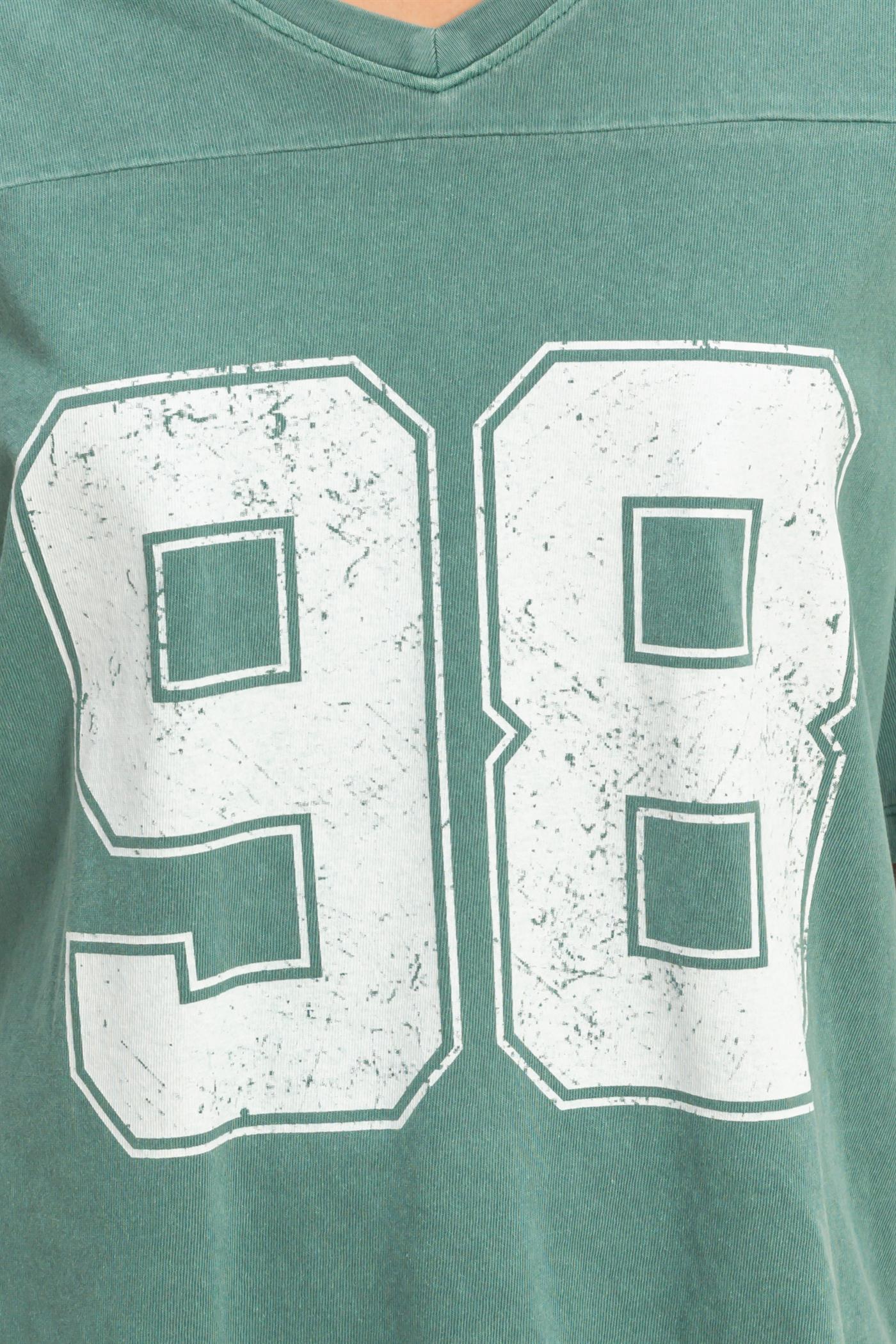 Wholesale Oversized Varsity Style V-Neck Graphic T-Shirt T-Shirts DZ26C200 DARK TEAL DOUBLE ZERO