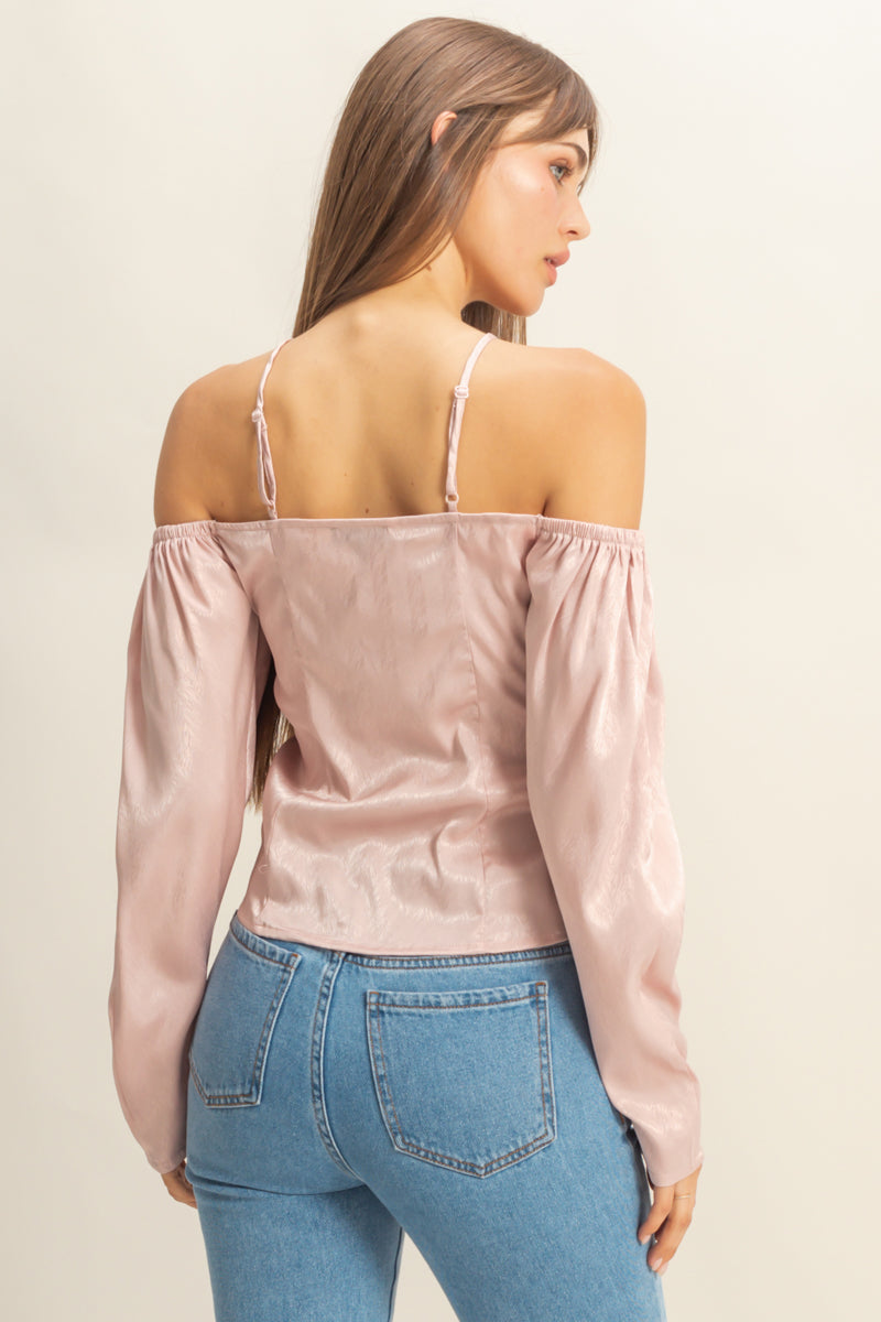 Wholesale Tie-Front Off-Shoulder Blouse Clothing Tops FS22E859 MAUVE HYFVE
