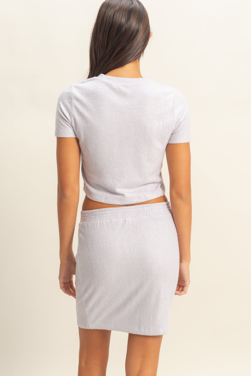 Wholesale Short Sleeve Tee And Mini Skirt Set Clothing DZ22C159-SET PASTEL VIOLET DOUBLE ZERO