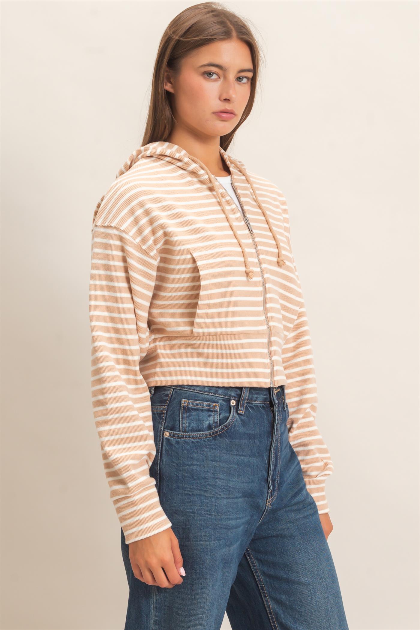 Wholesale Striped Zip-Up Hoodie Hoodies DZ26E433 SAND DOUBLE ZERO