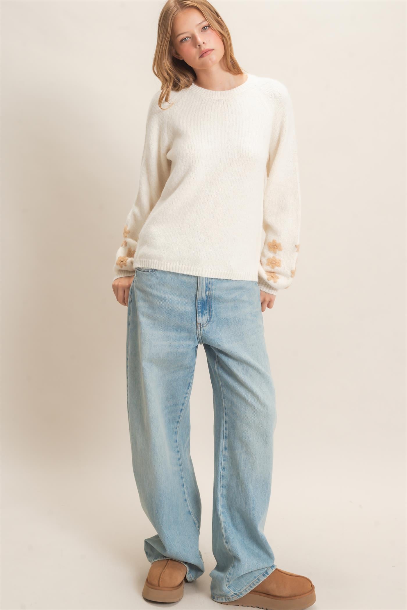 Wholesale Floral Applique Raglan Sleeve Sweater Sweaters HF26E808 CREAM HYFVE