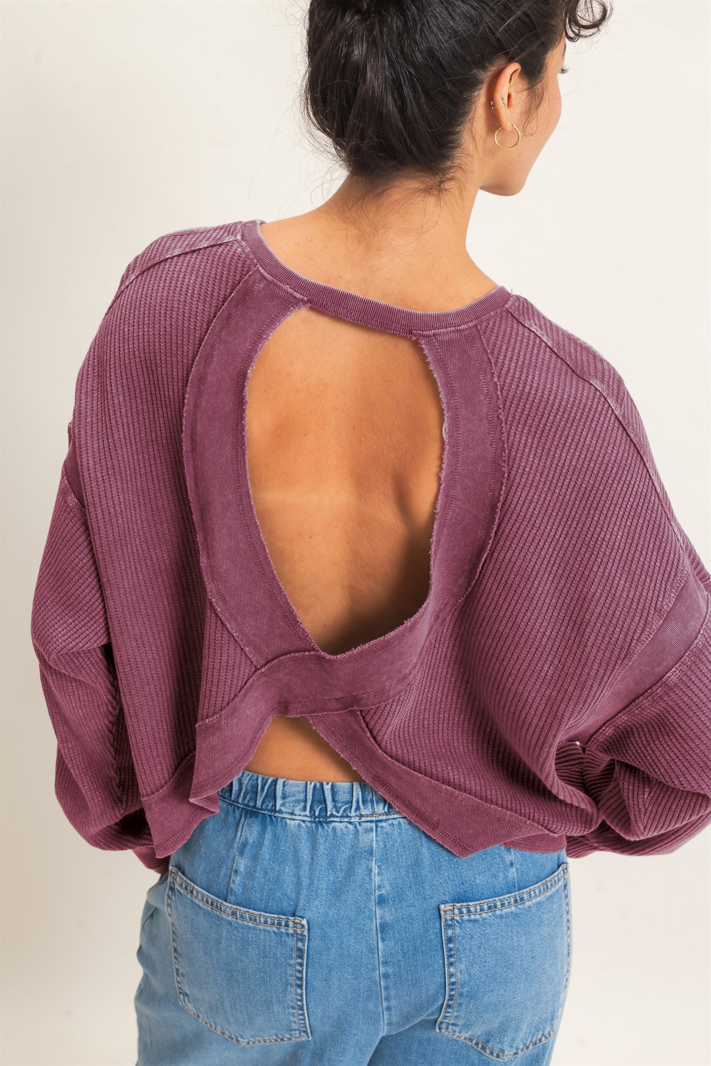 Wholesale Mineral Wash Waffle Open Back Top Clothing Tops DZ26C964 DARK CHERRY DOUBLE ZERO