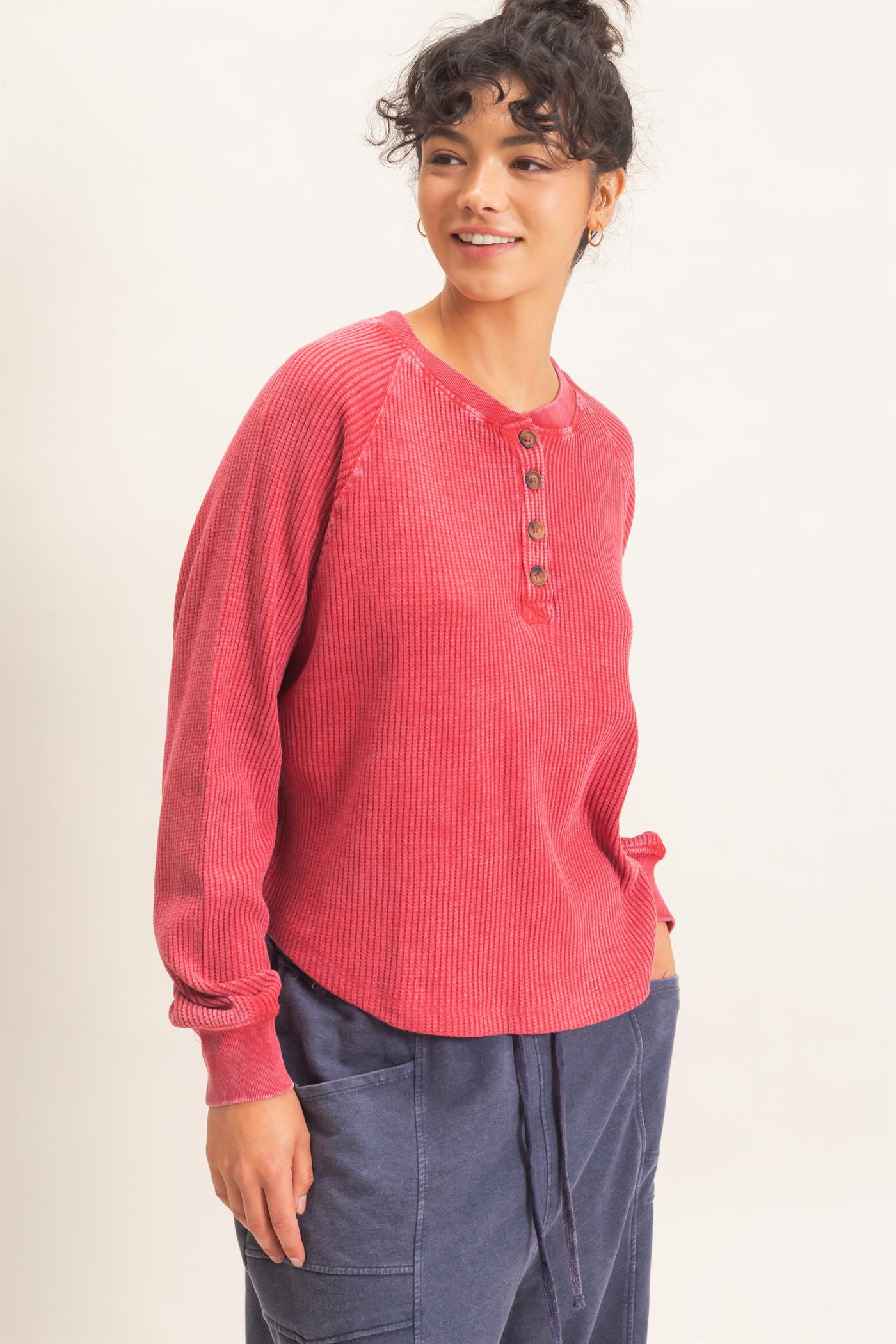 Wholesale Mineral Wash Waffle Knit Henley Top Sweatshirts DZ26E947 DARK RED DOUBLE ZERO