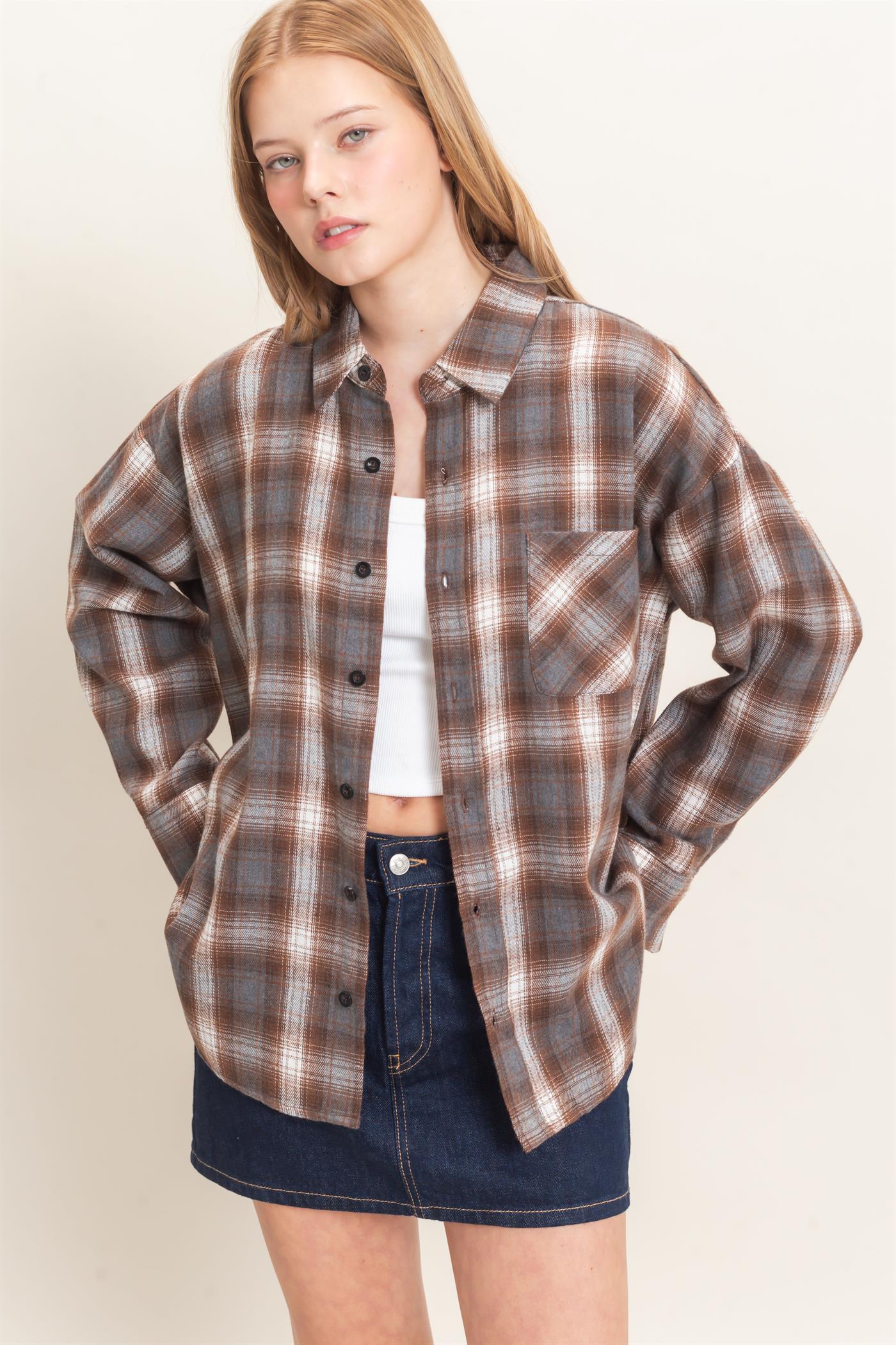 Wholesale Plaid Button-Up Shirt Clothing Tops HF26F017 BROWN HYFVE