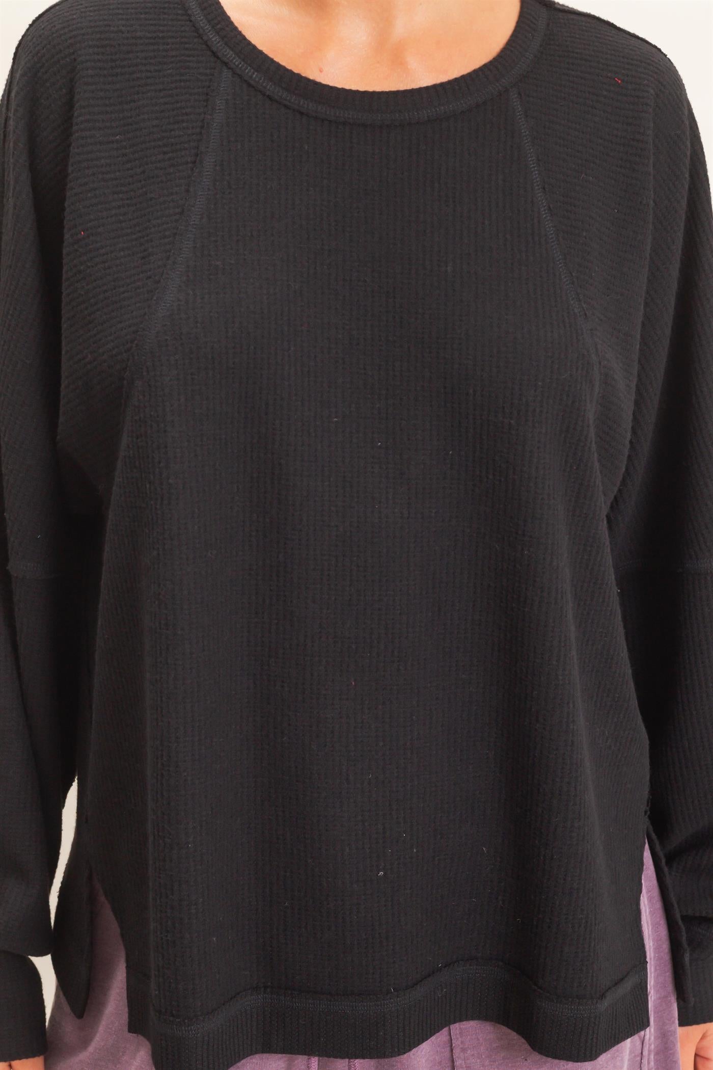 Wholesale Brushed Waffle Long Sleeve Top Clothing Tops DZ26F312 BLACK DOUBLE ZERO