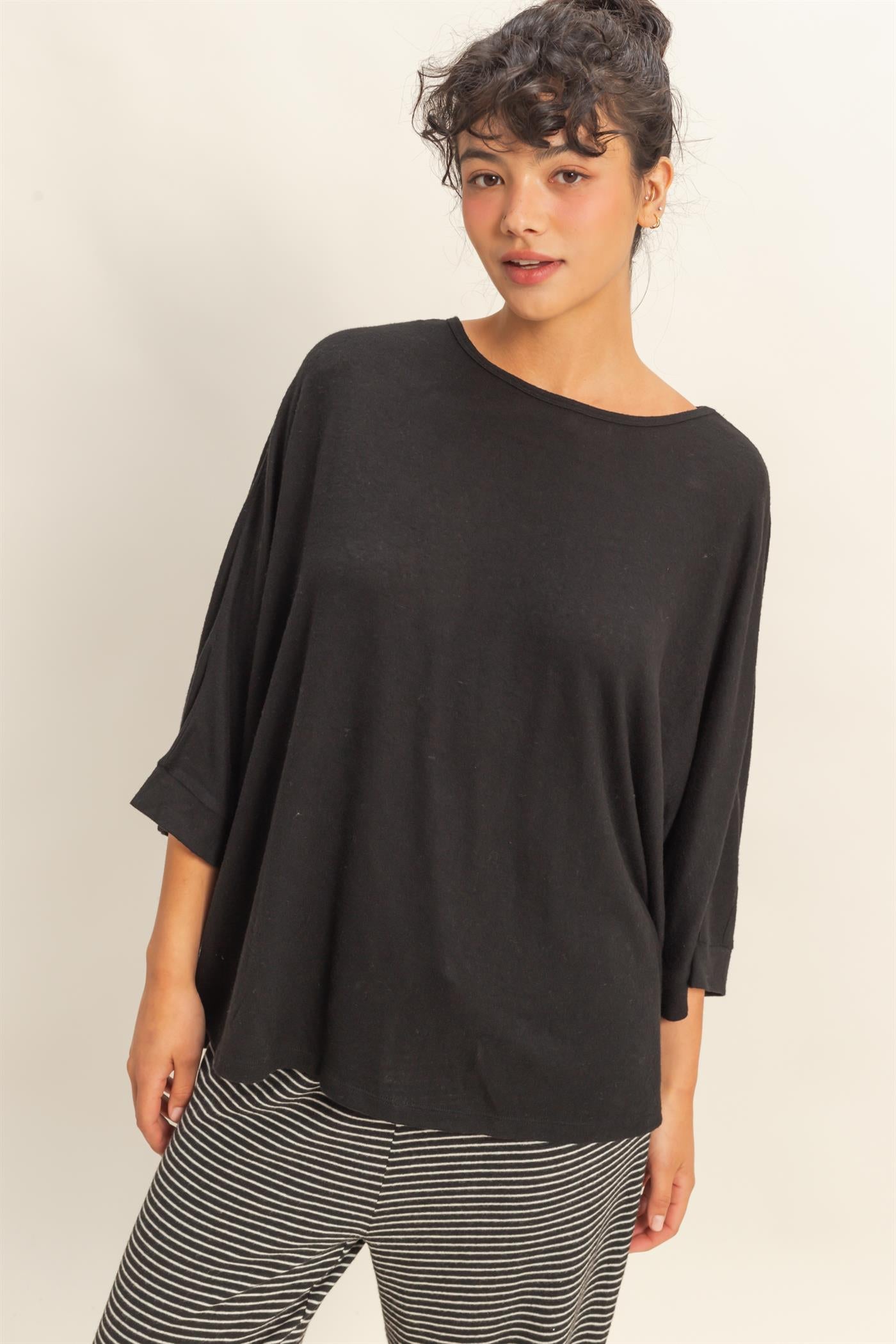 Wholesale Batwing 3/4 Sleeve Oversized Top Clothing Tops DZ25E133 BLACK DOUBLE ZERO