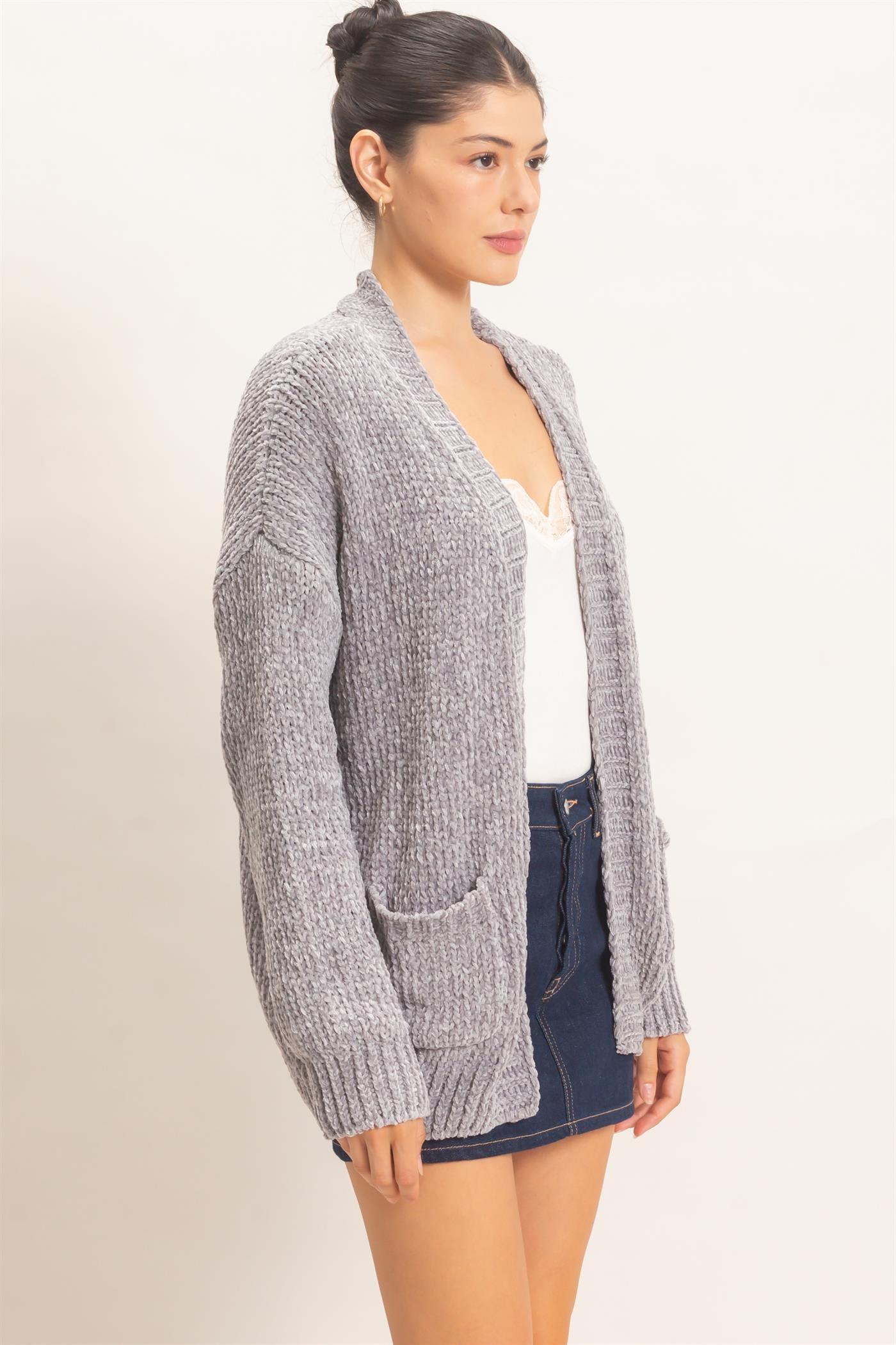 Wholesale Patch Pocket Chenille Cardigan Cardigans HF26E839 LIGHT GRAY HYFVE