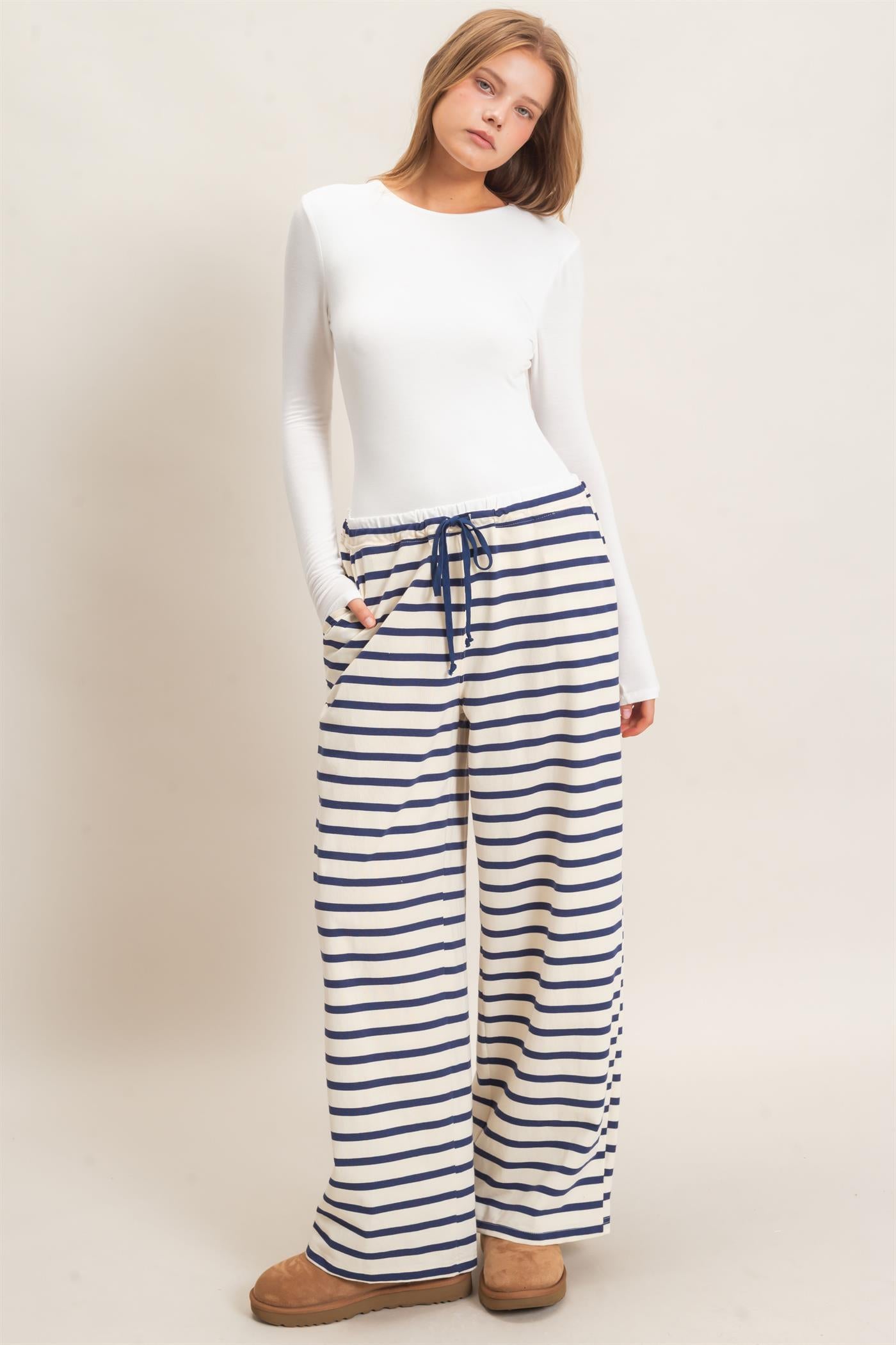 Wholesale Striped Wide-Leg Pants Pants HF26F229-D NAVY/CREAM HYFVE
