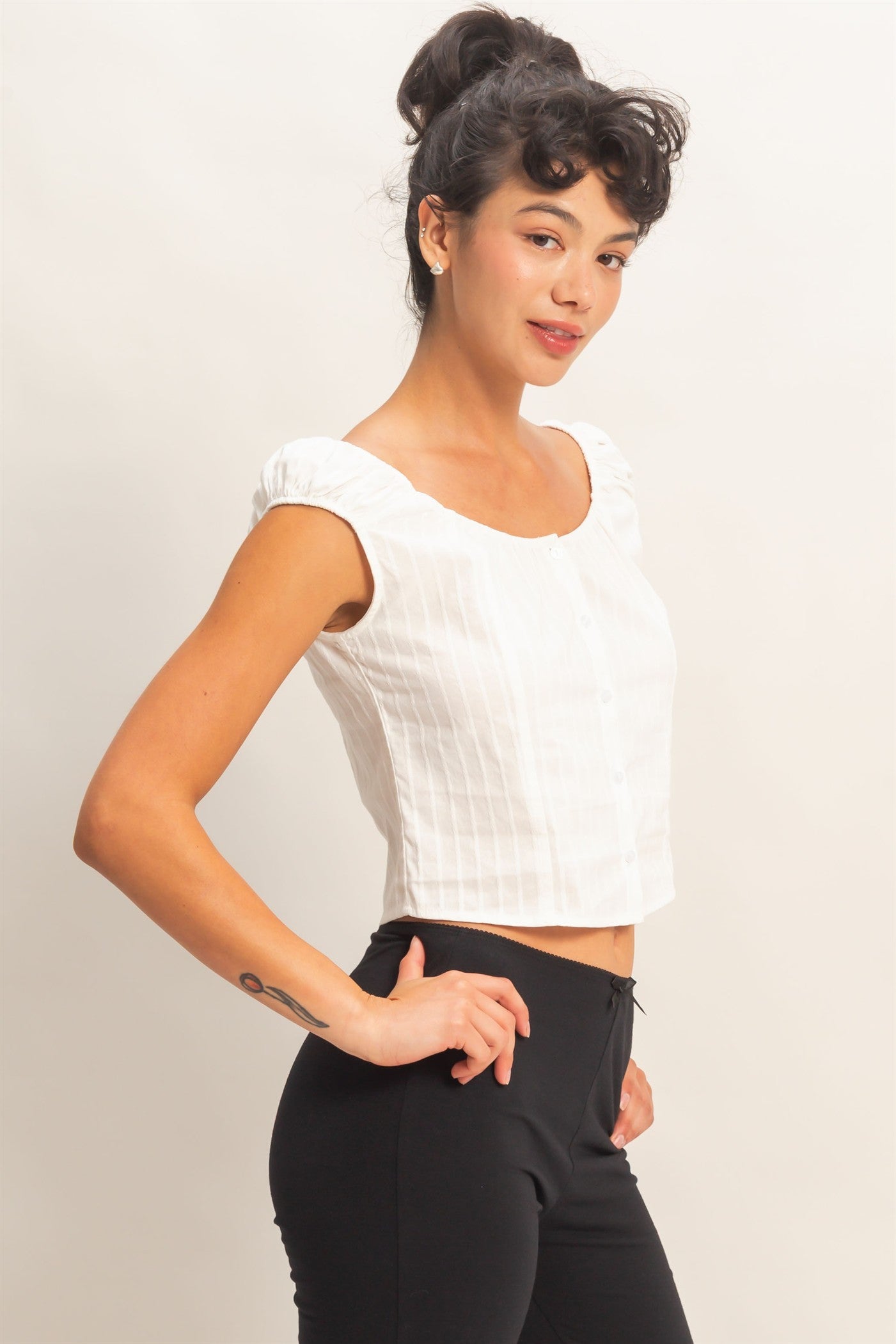 Wholesale Button Front Scoop Neck Cap Sleeve Top Blouses DZ26C199 WHITE DOUBLE ZERO