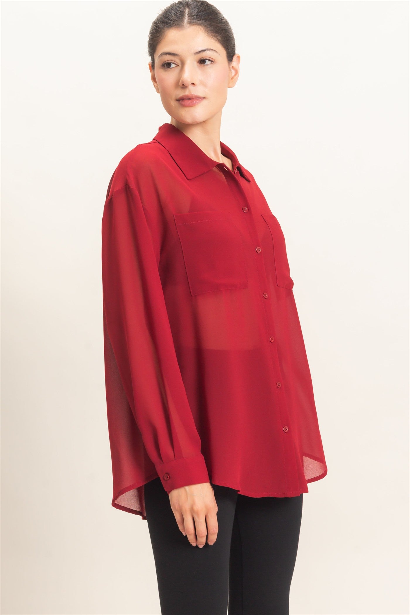 Wholesale Button-Down Collar Blouse Shirts HF26F067 BURGUNDY HYFVE