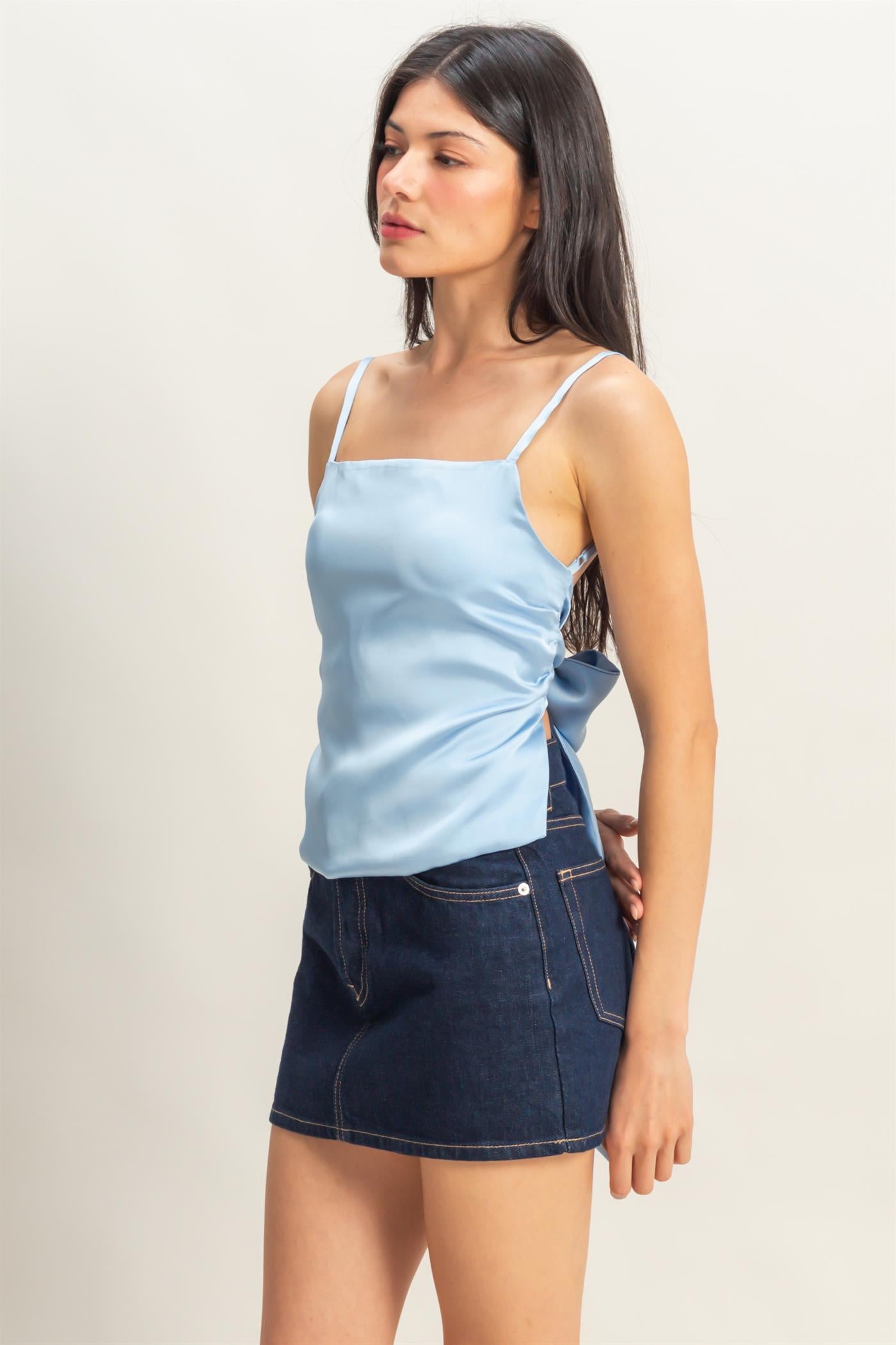 Wholesale Satin Back Tie Detail Sleeveless Top Clothing Tops DZ25C126 ICE BLUE DOUBLE ZERO