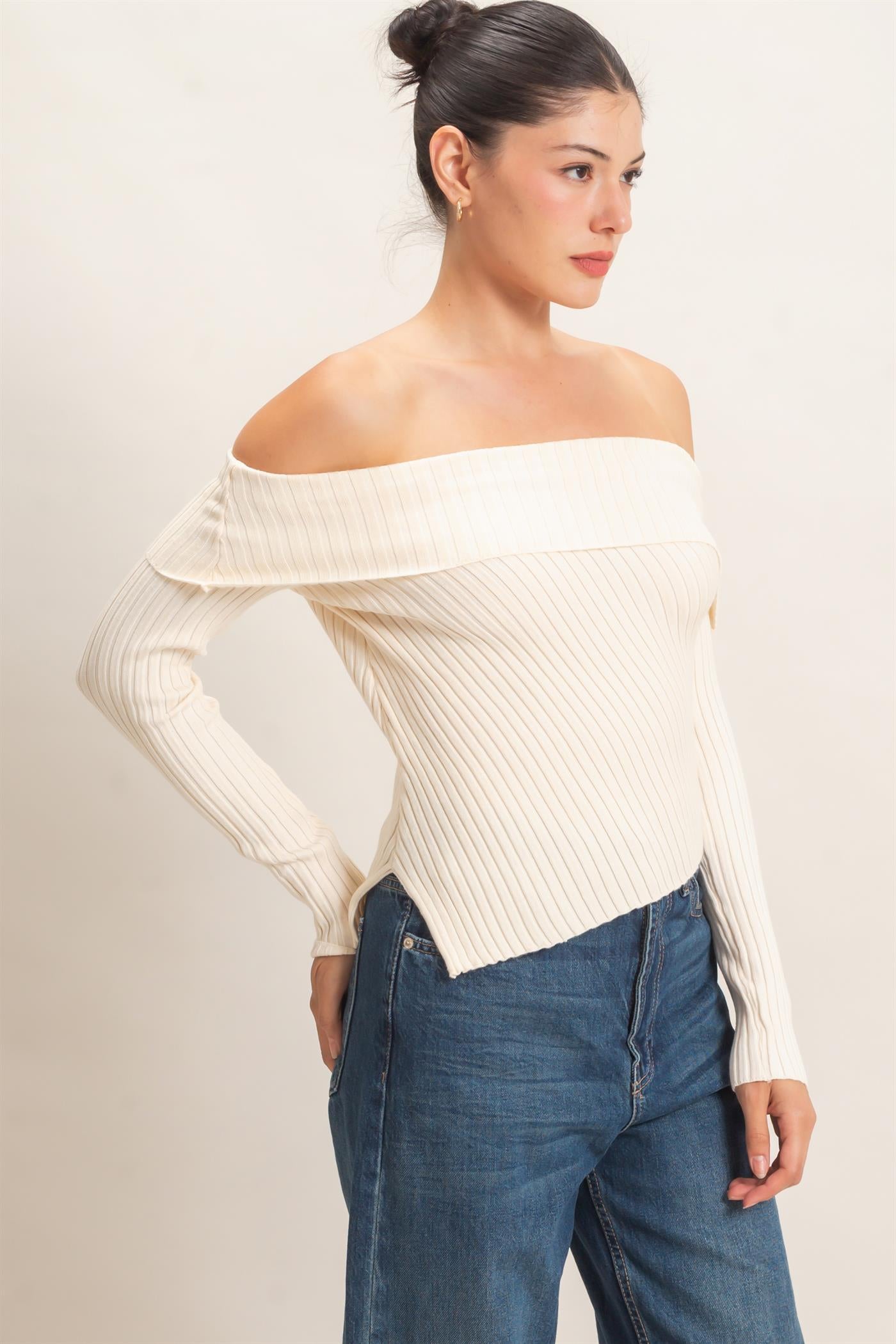 Wholesale Ribbed Off-Shoulder Sweater Sweaters HF26E937 CREAM HYFVE