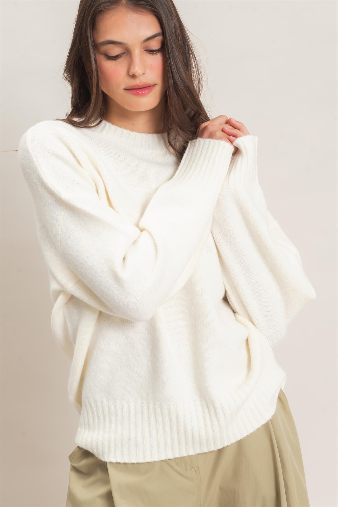 Wholesale Ribbed Crew Neck Sweater Sweaters HF26F179-D CREAM HYFVE