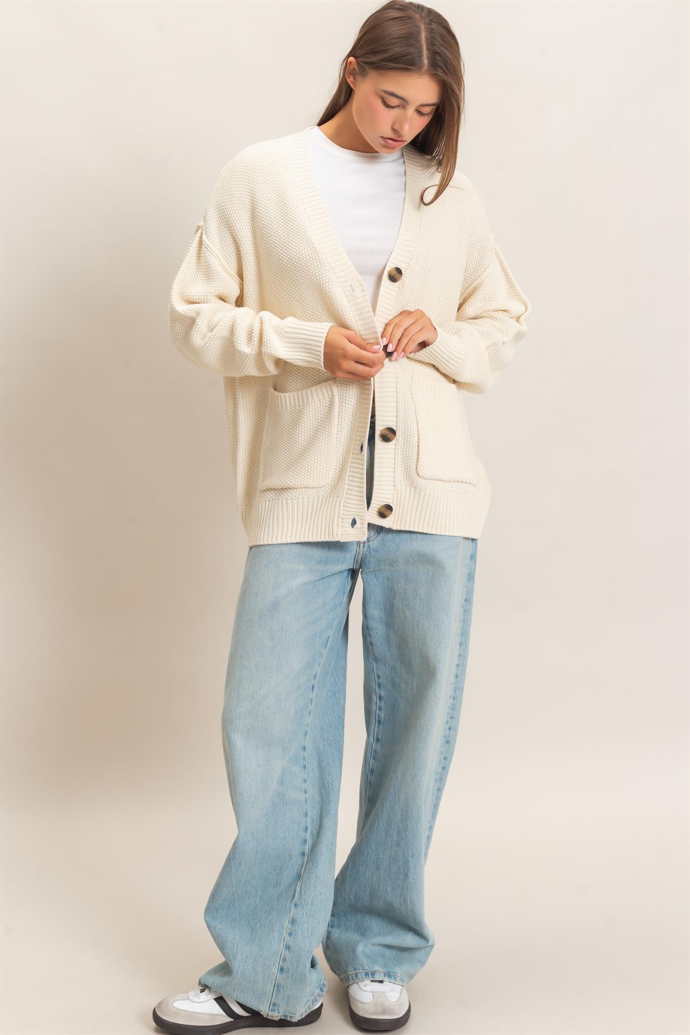 Wholesale Textured Oversized Knit Buttoned Cardigan Cardigans DZ26C971 CREAM DOUBLE ZERO