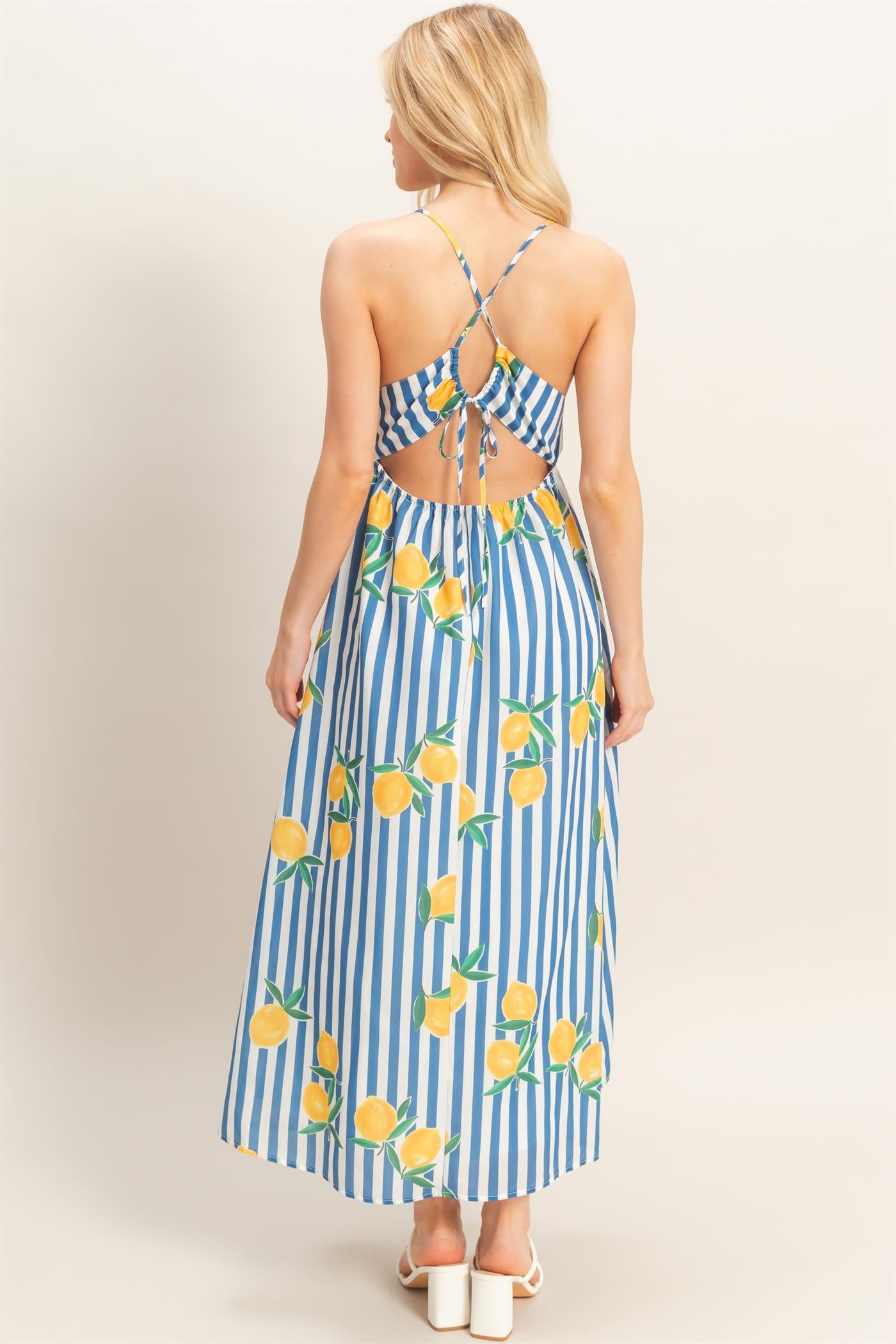 Wholesale Striped Lemon Print Midi Dress Dresses HF26C269 BLUE HYFVE
