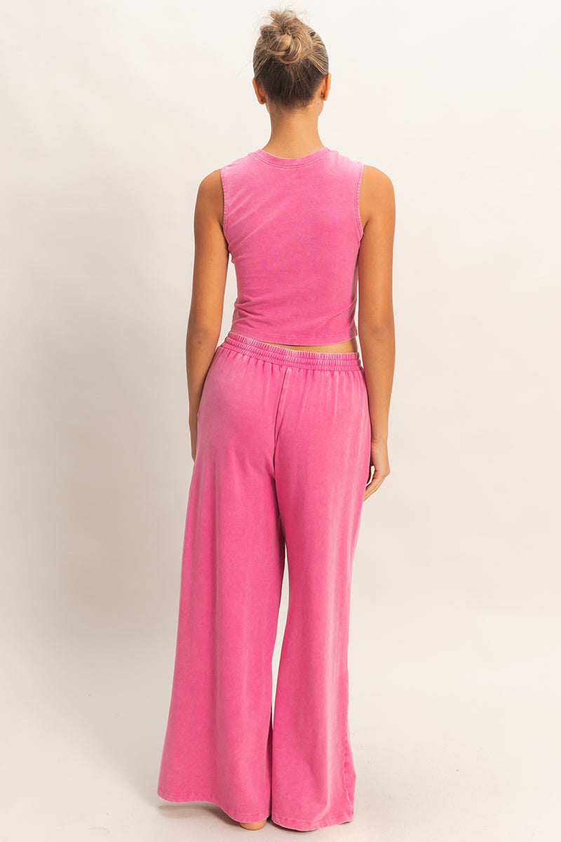 Wholesale Mineral Washed Sleeveless Top & Wide Leg Pants Set Clothing DZ26A371-SET FUCHSIA DOUBLE ZERO