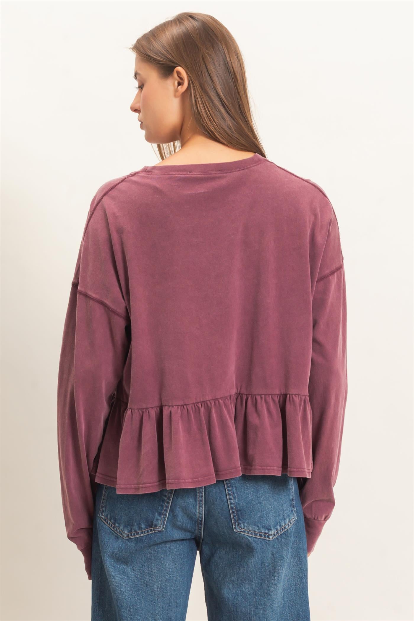 Wholesale Peplum Long Sleeve Top Clothing Tops DZ26F397 DARK CHERRY DOUBLE ZERO