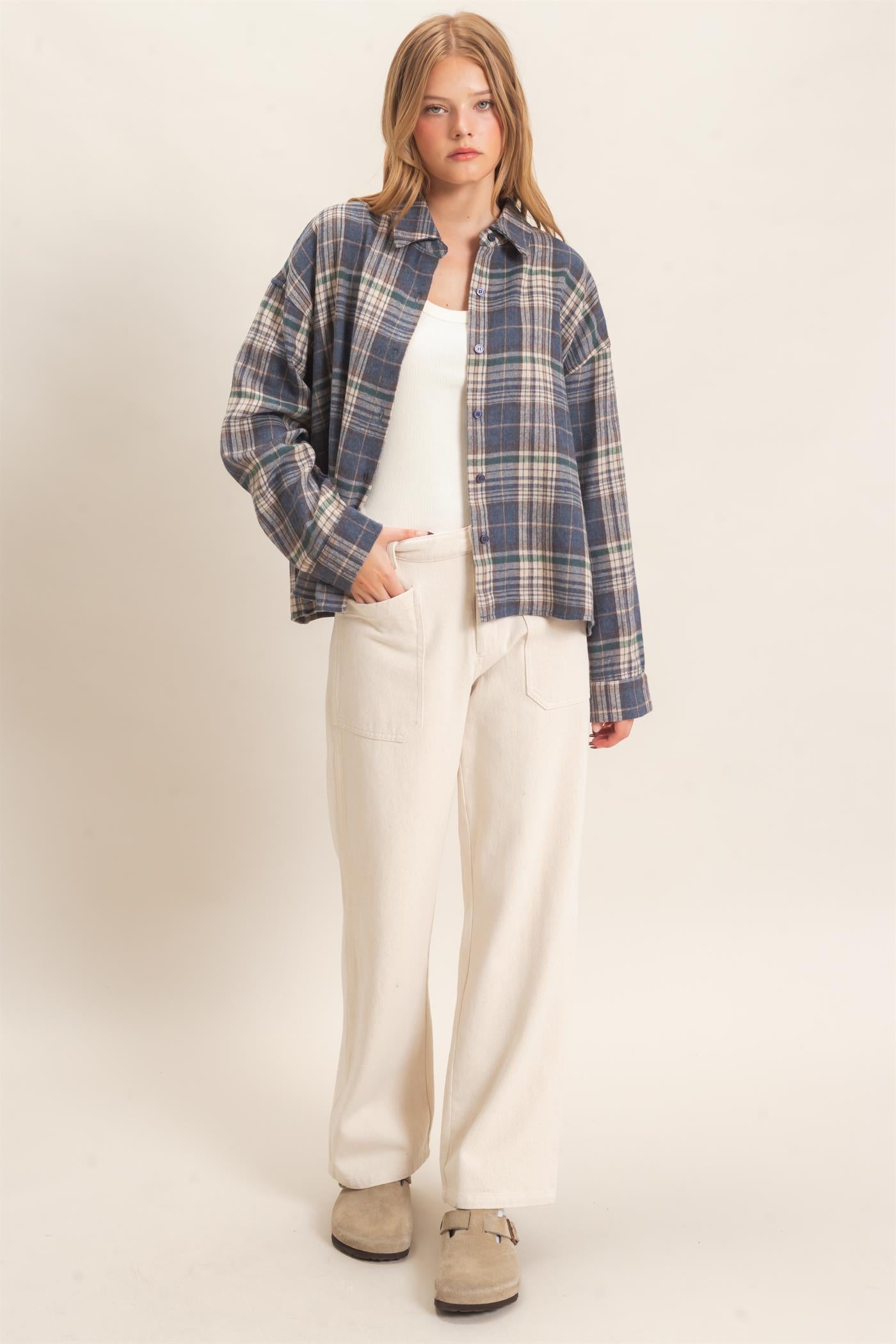 Wholesale Plaid Button-Up Shirt Clothing Tops HF26E467 BLUE HYFVE