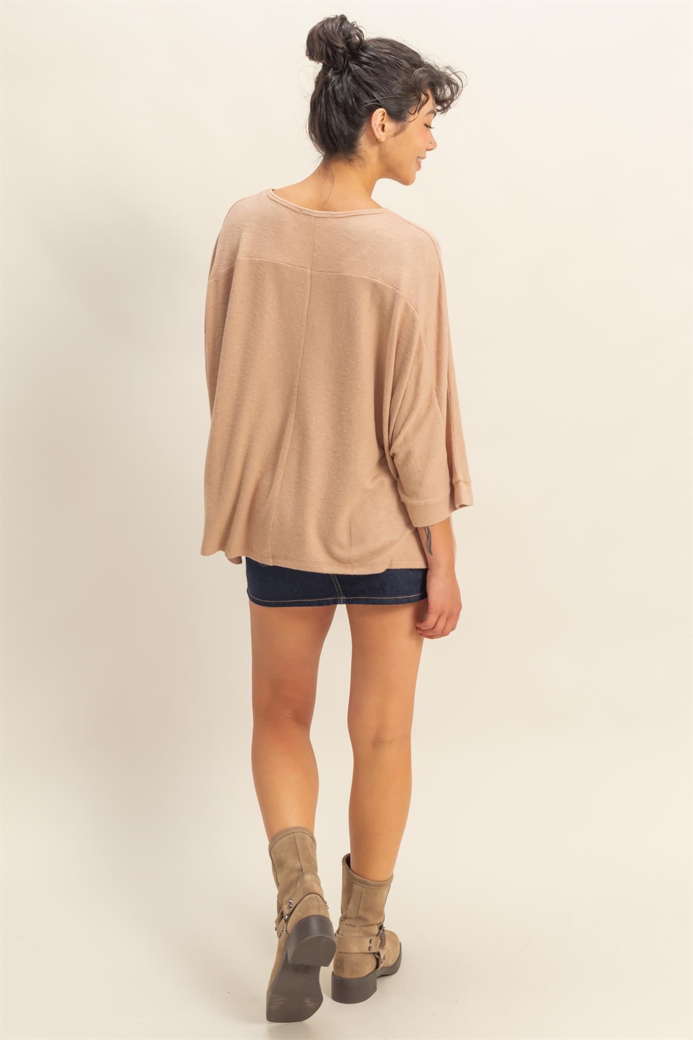 Wholesale Batwing 3/4 Sleeve Oversized Top Clothing Tops DZ25E133 DARK TAUPE DOUBLE ZERO