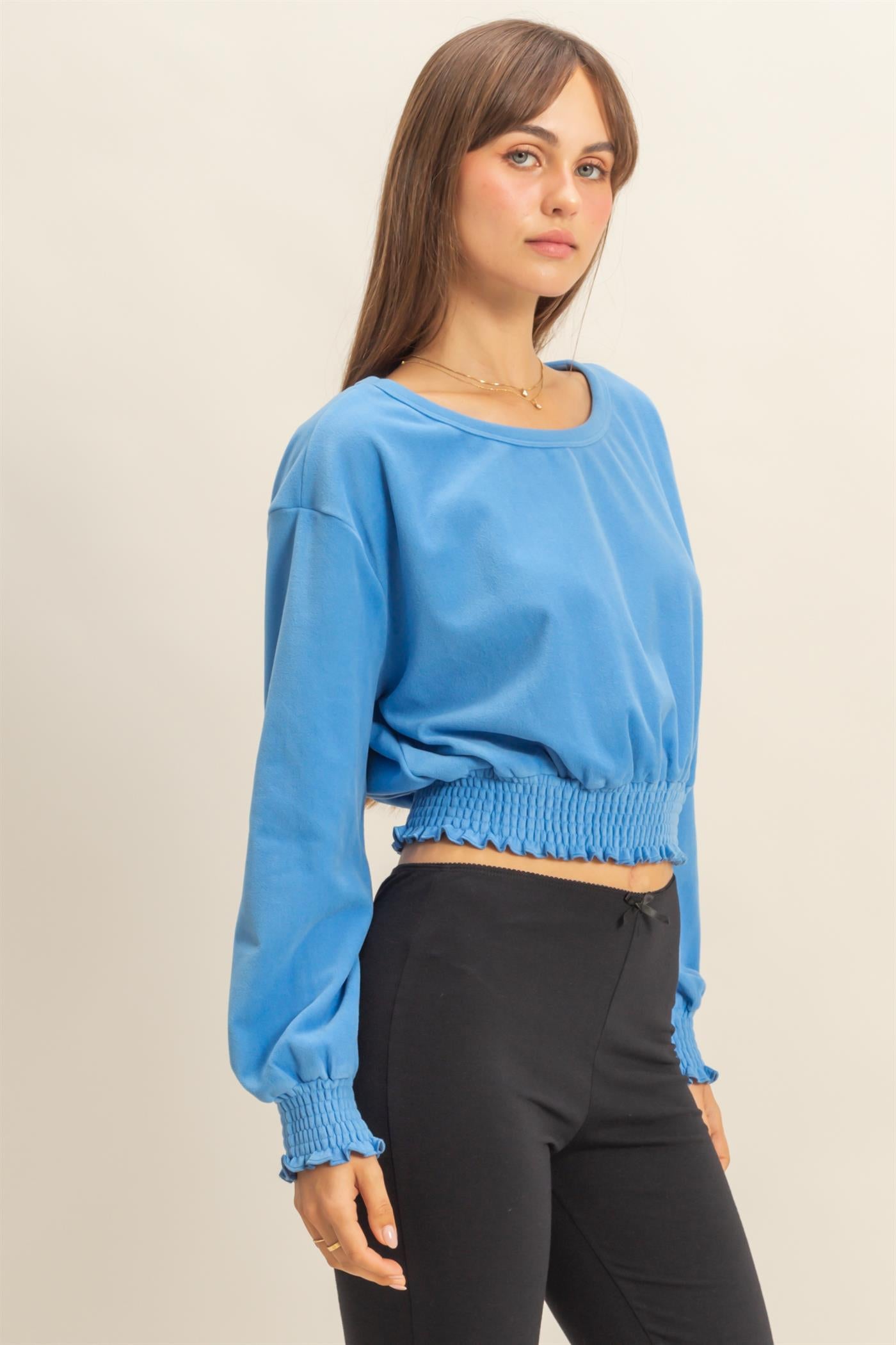 Wholesale Brushed Knit Smocked Crop Top Clothing Tops HF24C116 BLUE HYFVE