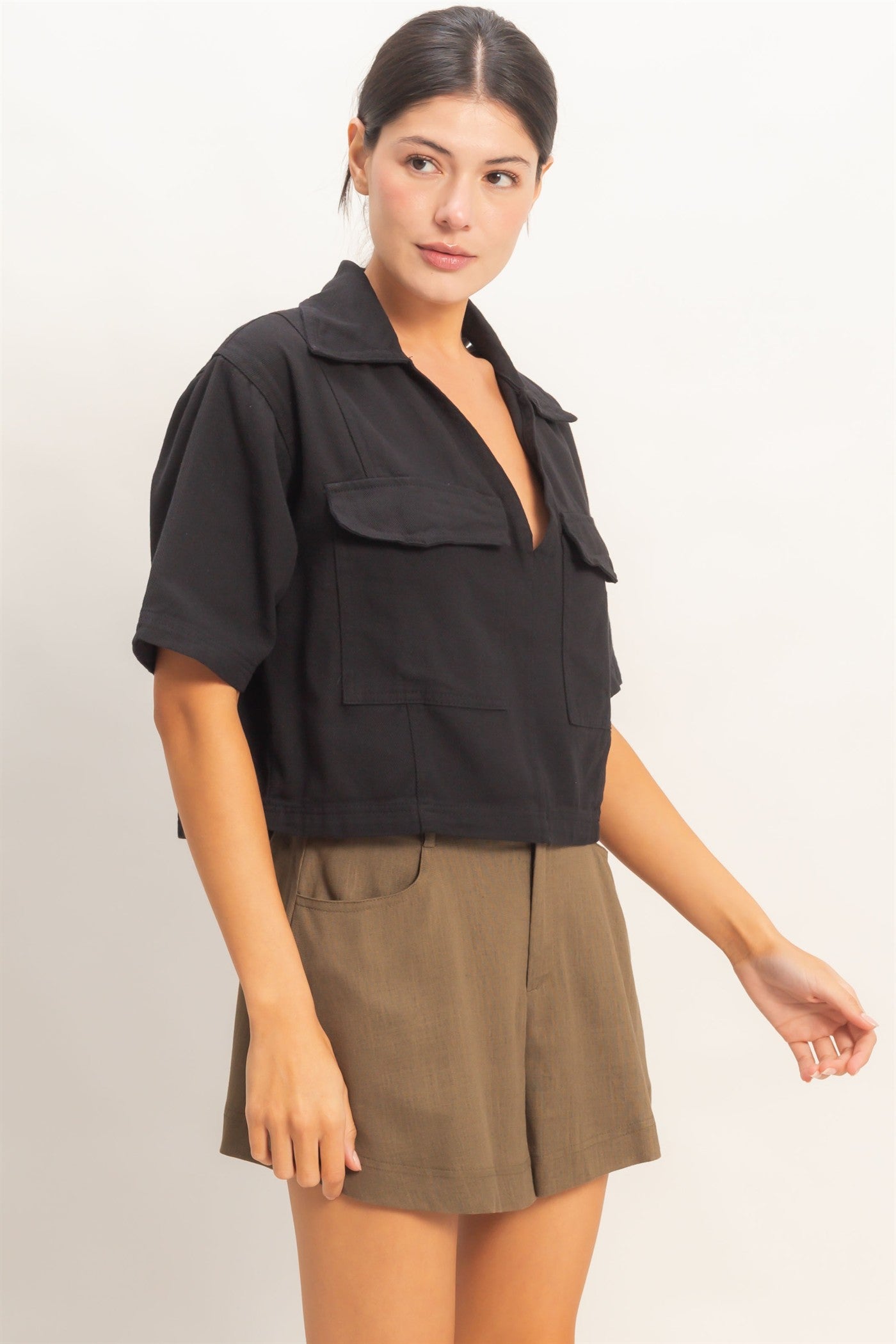 Wholesale Collared V-Neck Top Clothing Tops HF26E444 BLACK HYFVE