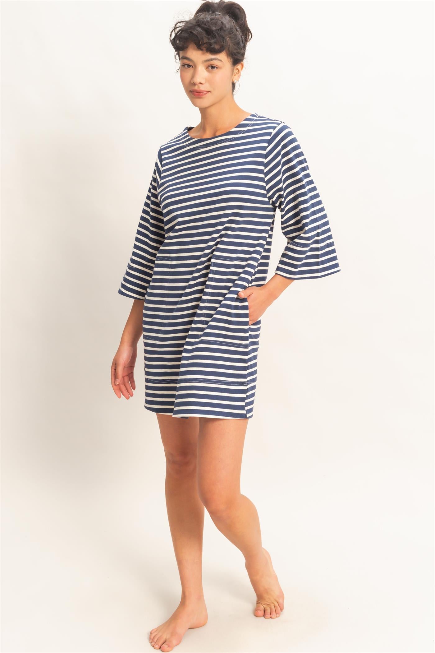 Wholesale Striped Round Neck Half-Sleeve Mini Dress Dresses DZ26A460 NAVY DOUBLE ZERO