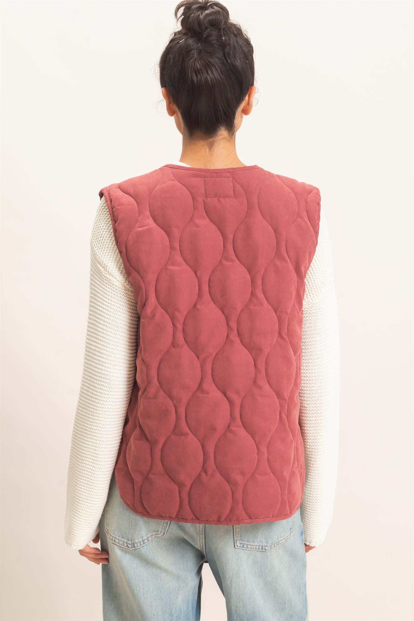 Wholesale Quilted Vest With Pockets Vests DZ26F336 BURGUNDY DOUBLE ZERO