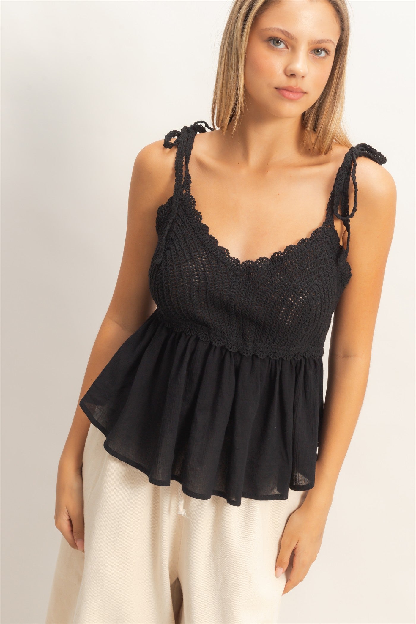 Wholesale Crochet Tie-Strap Peplum Top Clothing HF26A872 BLACK HYFVE