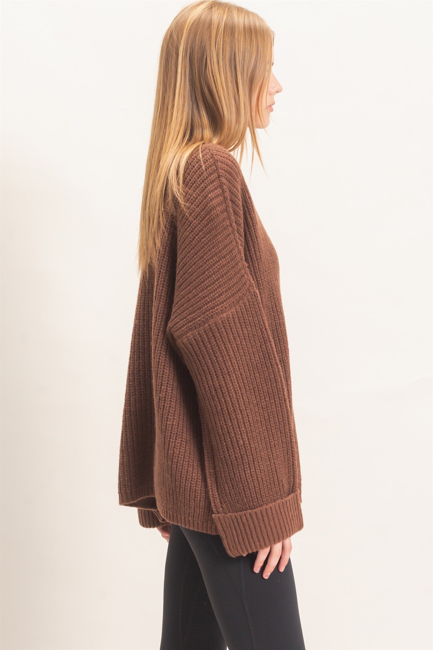 Wholesale Ribbed Knit Patch Pocket Sweater Sweaters HF26F177 BROWN HYFVE