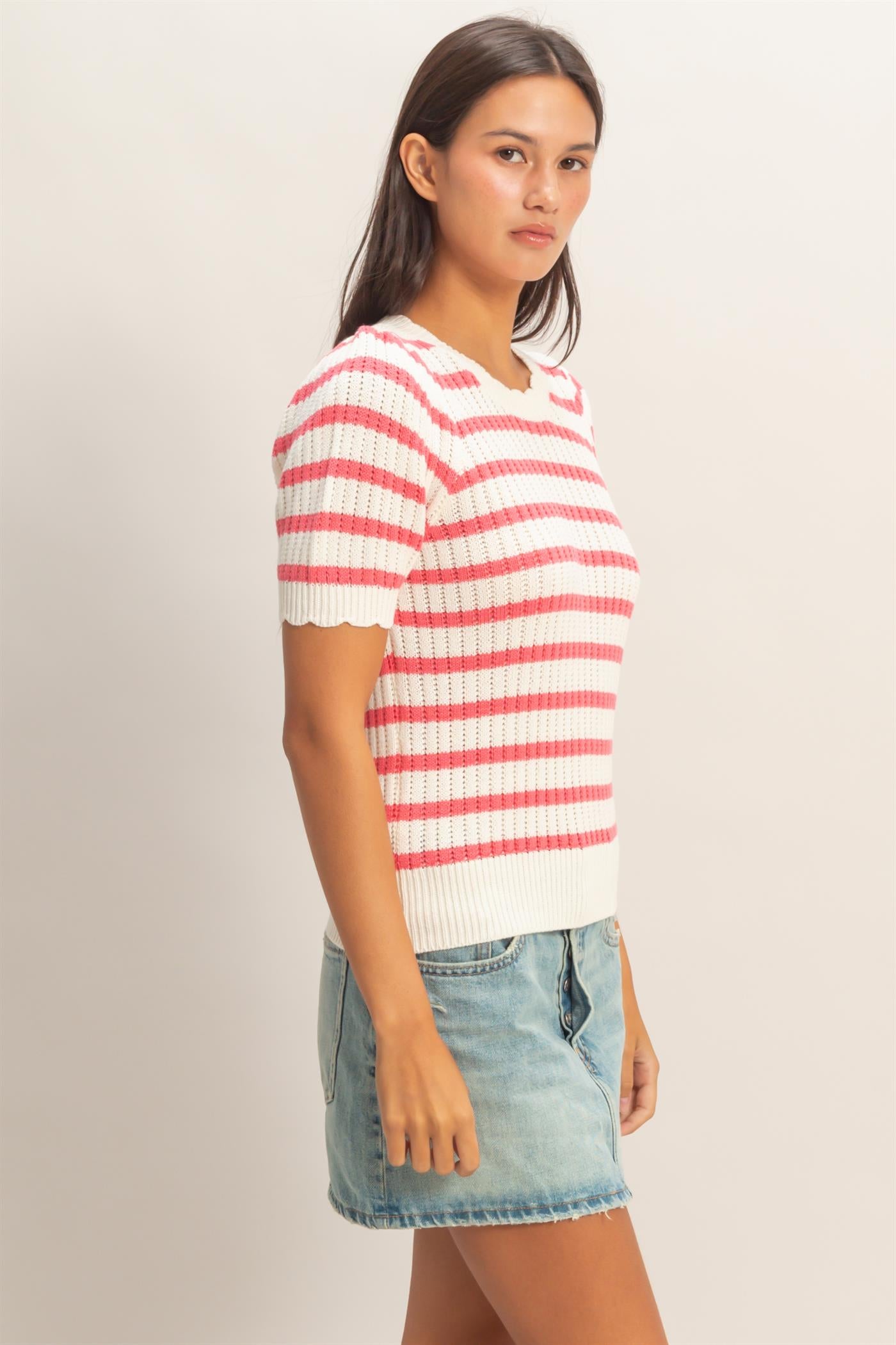 Wholesale Striped Scallop Edge Puff Sleeve Knit Top Shirts DZ26A284 TAFFY PINK DOUBLE ZERO