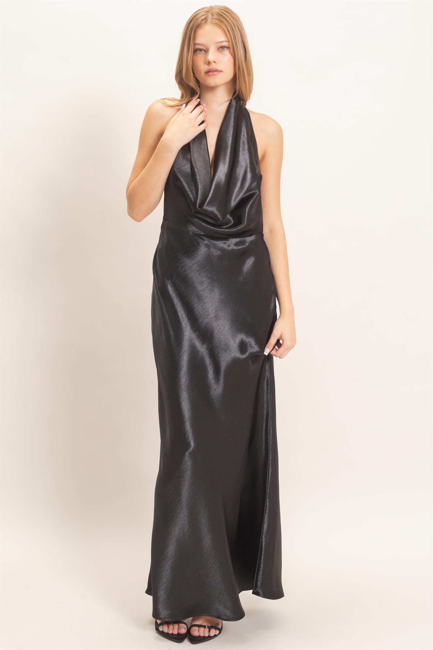 Wholesale Satin Cowl Neck Maxi Dress Dresses HF26F216-D BLACK HYFVE