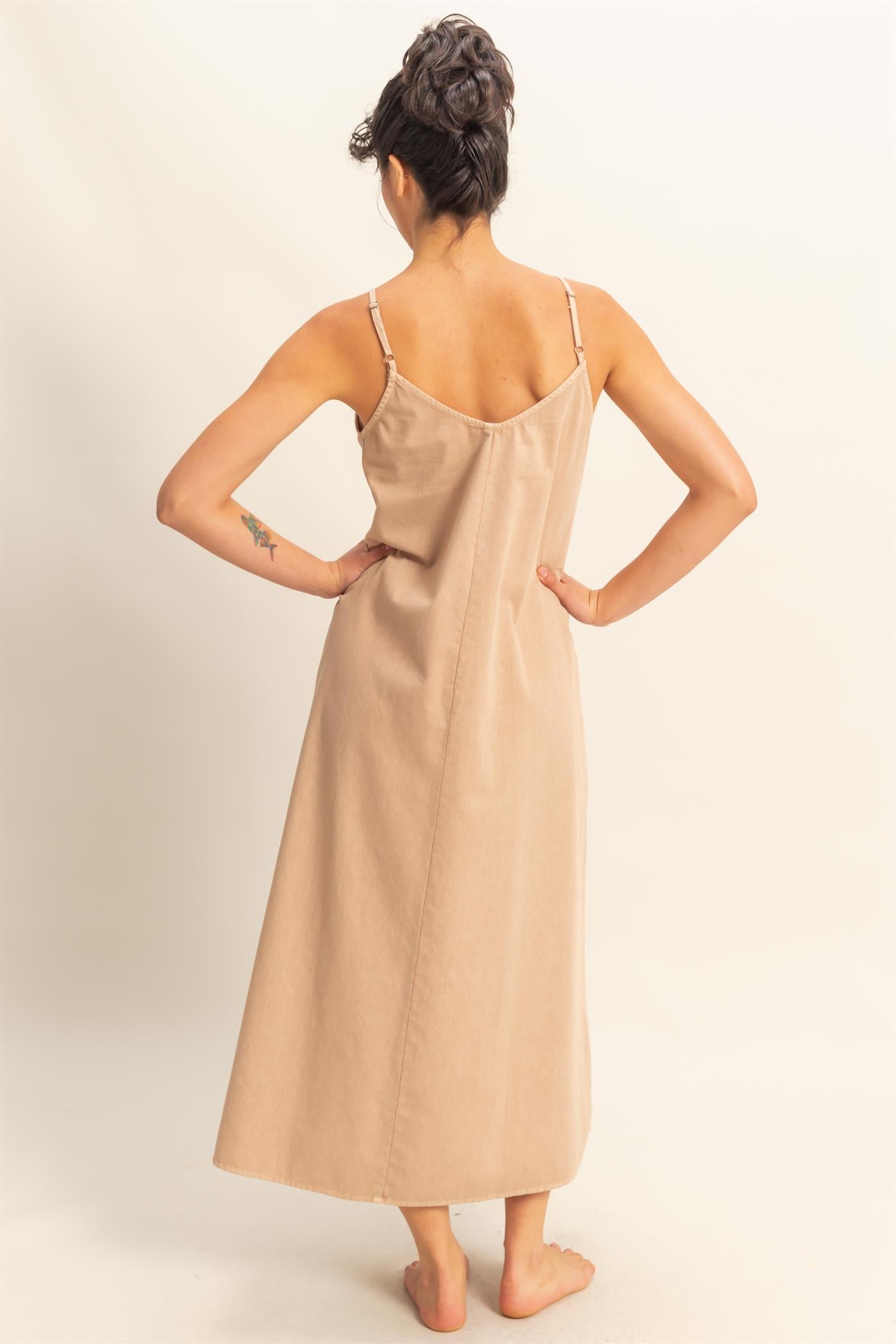 Wholesale Dyed V-Neck Loose Maxi Dress Dresses DZ24C964 DARK TAUPE DOUBLE ZERO