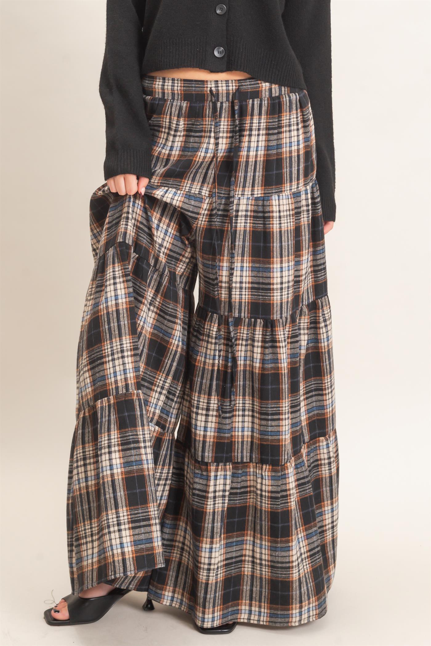 Wholesale Tiered Plaid Wide-Leg Pants Pants HF26E042 BLACK HYFVE