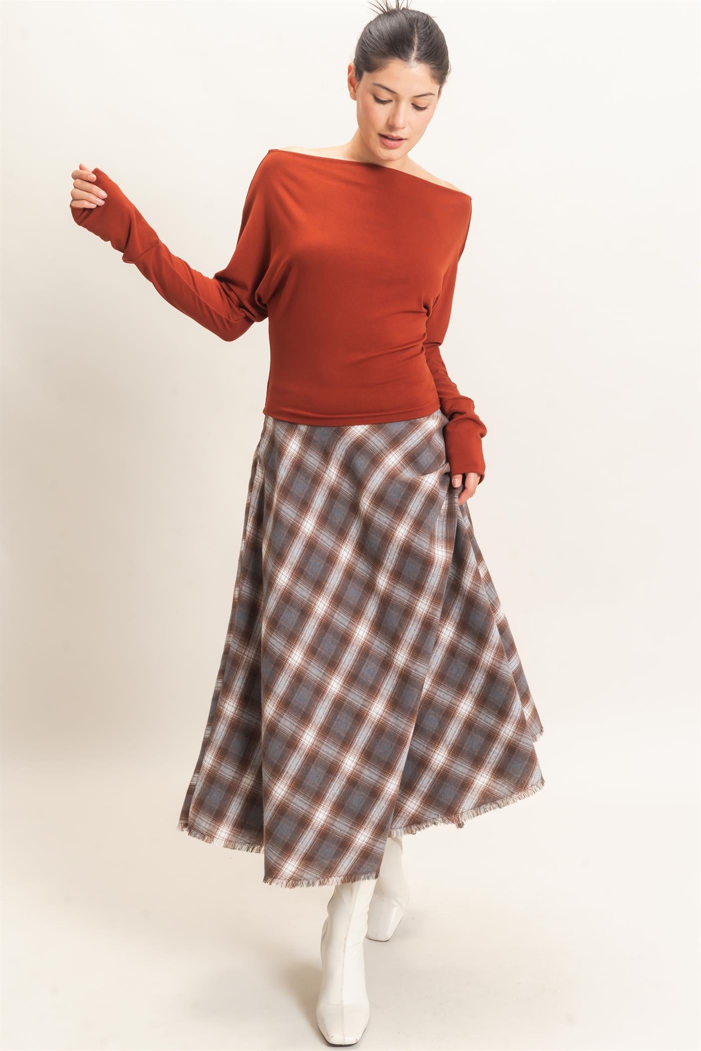 Wholesale A-Line Plaid Frayed Hem Skirt Skirts HF26E972 BROWN HYFVE