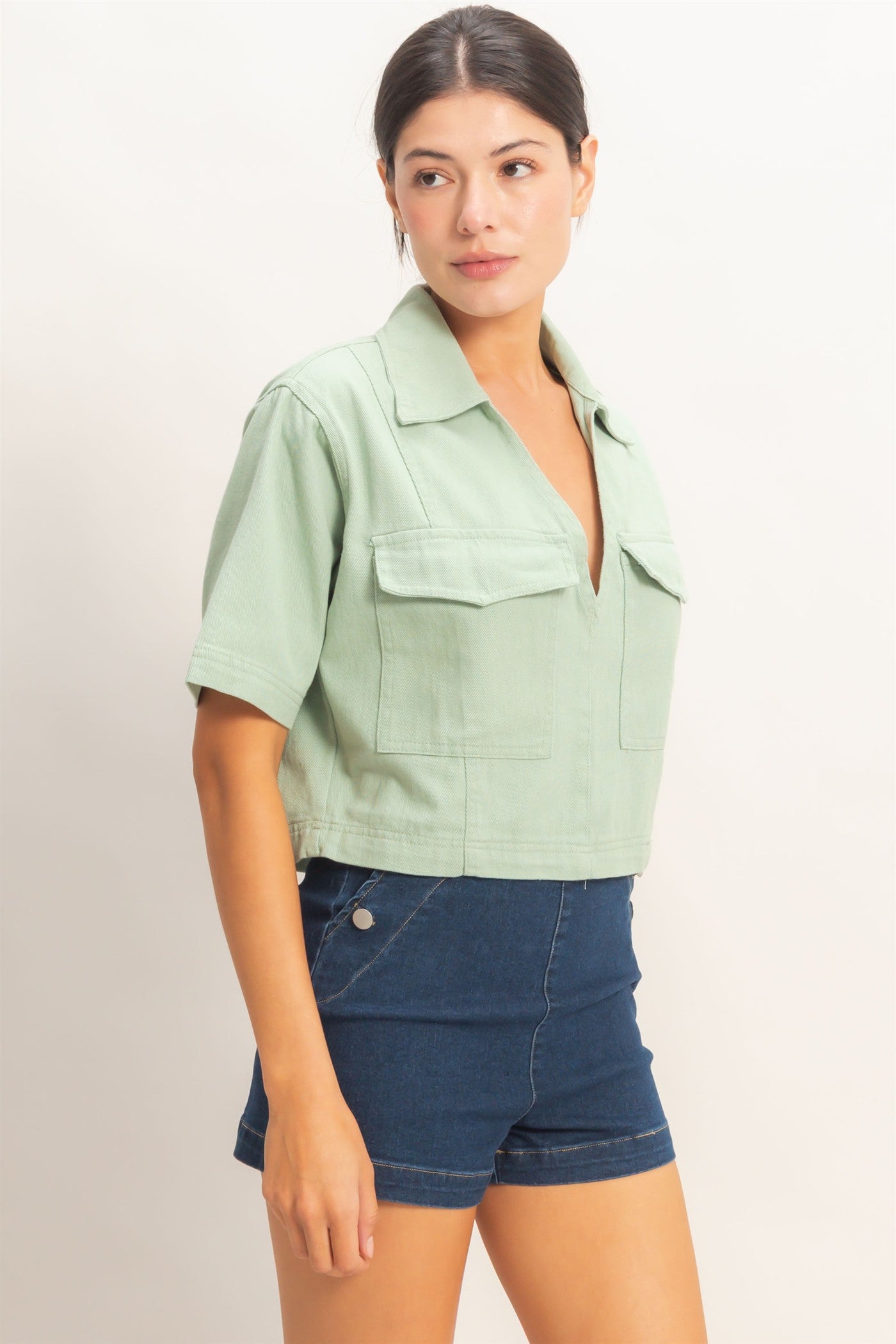 Wholesale Collared V-Neck Top Clothing Tops HF26E444 SAGE HYFVE