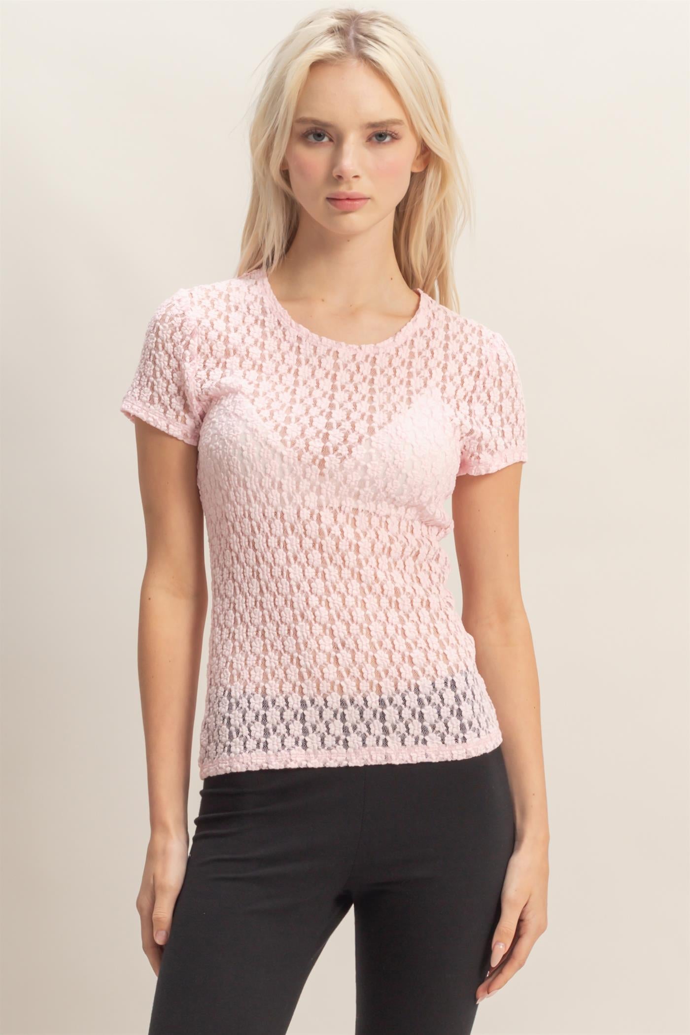 Wholesale Textured Lace Short Sleeve Top Clothing Tops DZ26C394 SOFT PINK DOUBLE ZERO