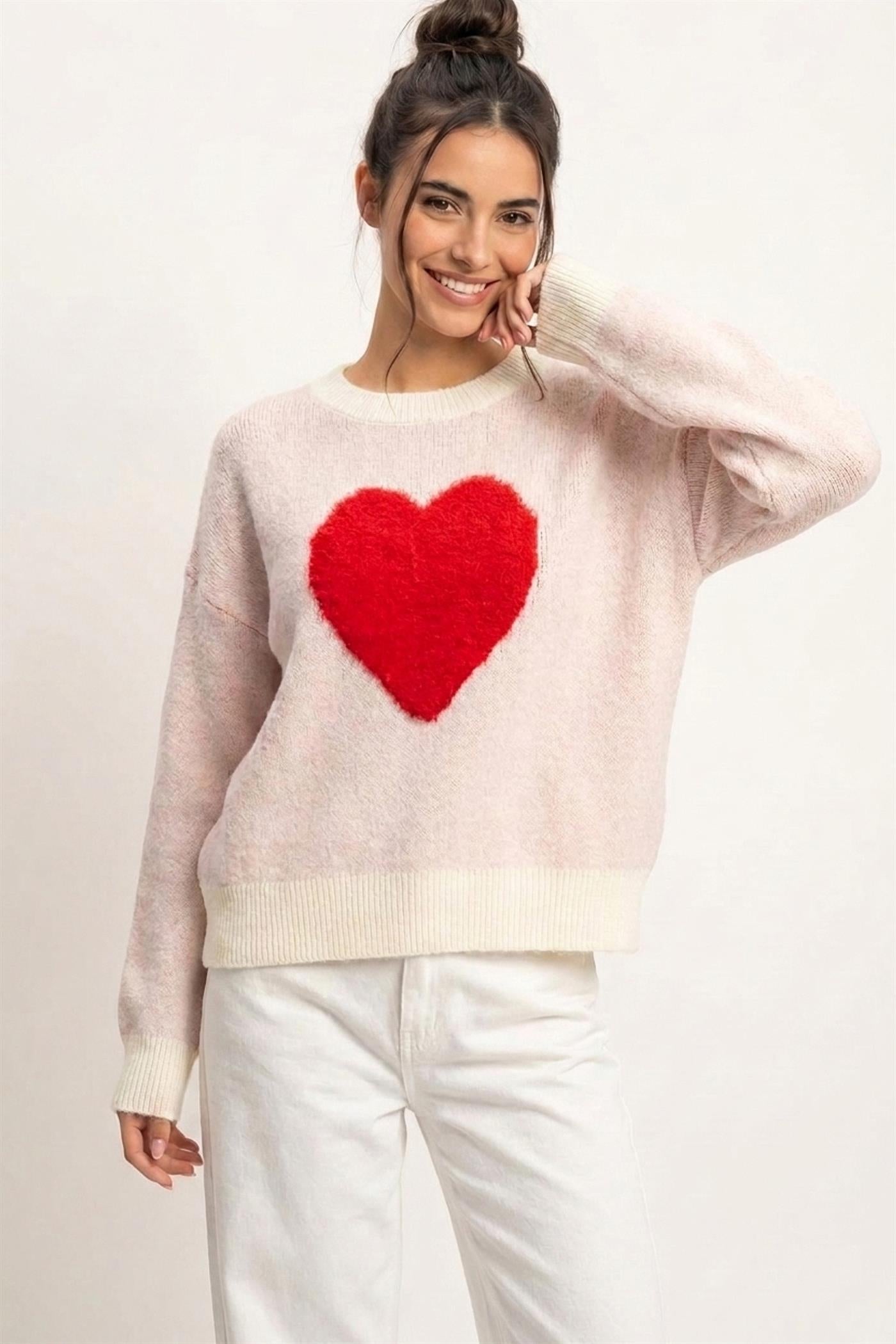 Wholesale Heart Graphic Sweater Sweaters DZ26E430 CREAM DOUBLE ZERO