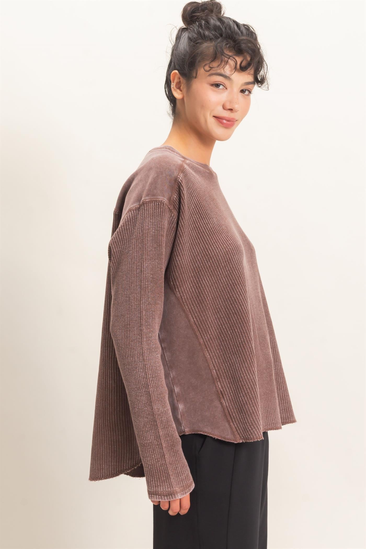 Wholesale Oversized Mineral Washed Waffle Knit Top Clothing Tops DZ26E654 DARK BROWN DOUBLE ZERO