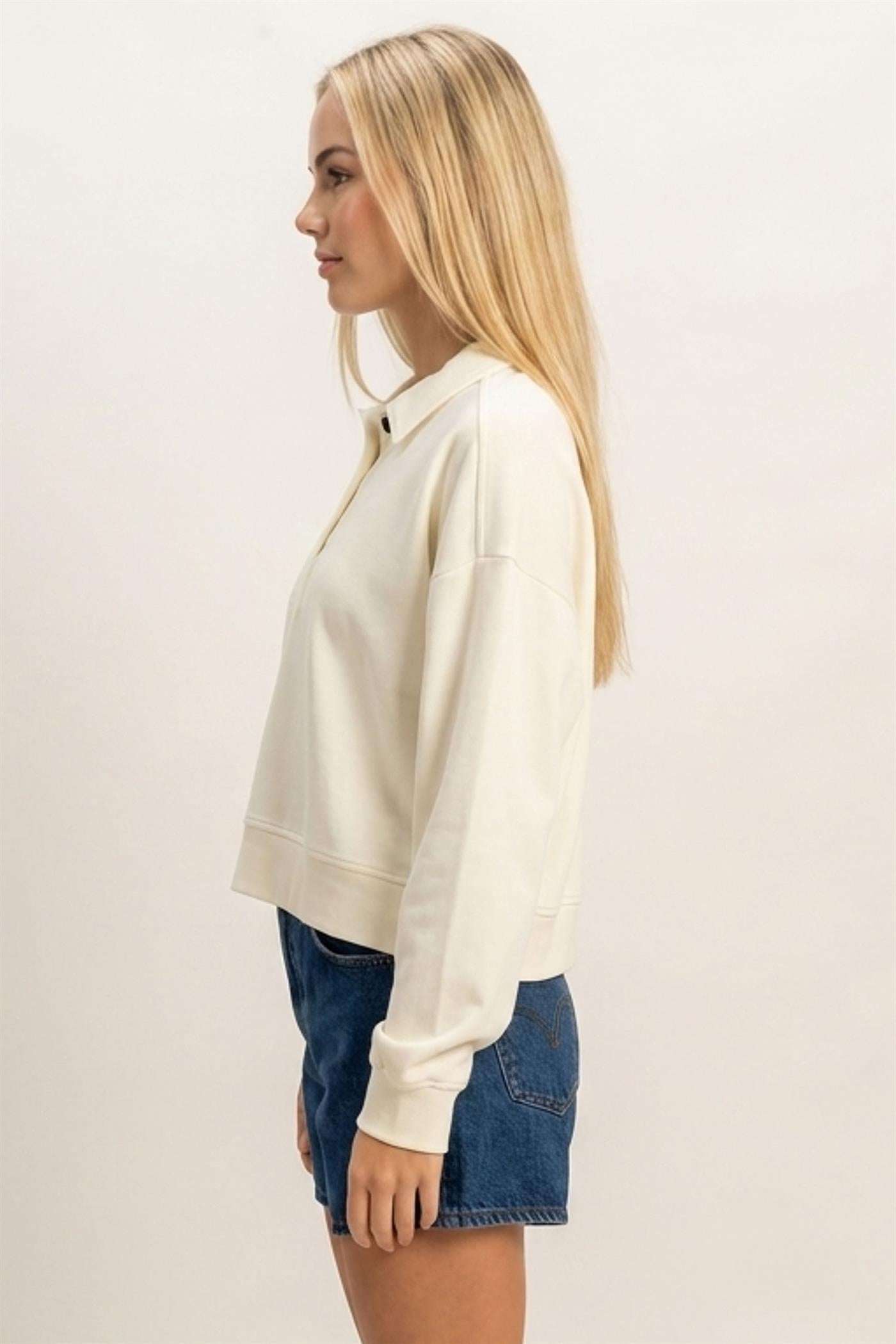 Wholesale Washed Button-Front Collared Sweatshirt Sweatshirts DZ26E390 CREAM DOUBLE ZERO