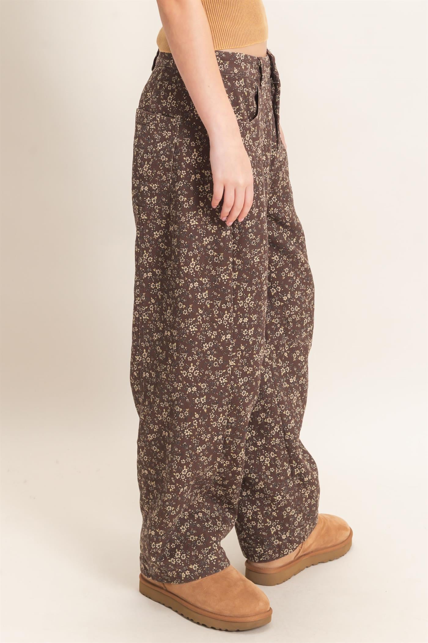Wholesale Floral Print Garment Wash Barrel Pants Pants HF26C840 CHESTNUT HYFVE