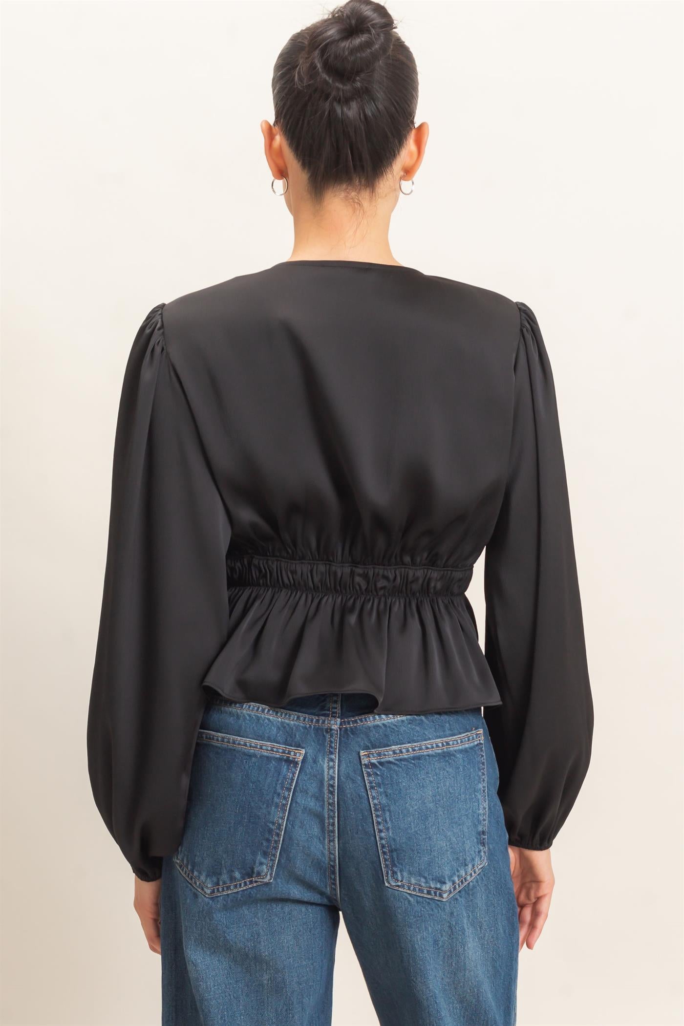 Wholesale Plunging Tie-Front Blouse Blouses HF26F082 BLACK HYFVE