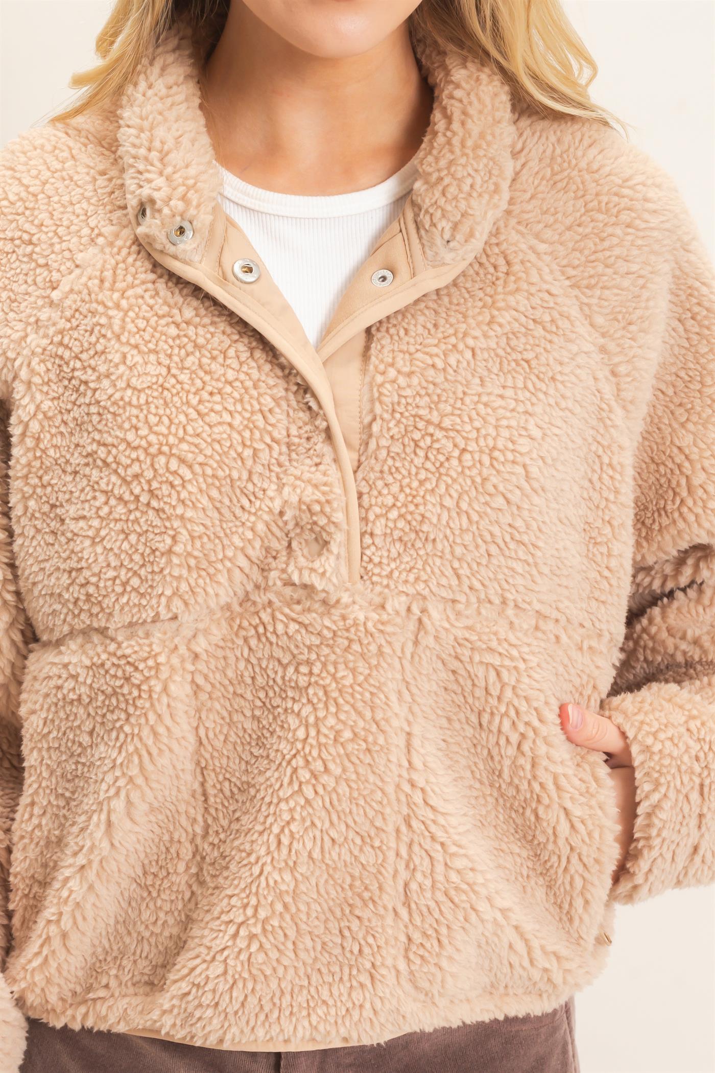 Wholesale Half-Zip Sherpa Jacket Sweatshirts HF26F130-D BEIGE HYFVE