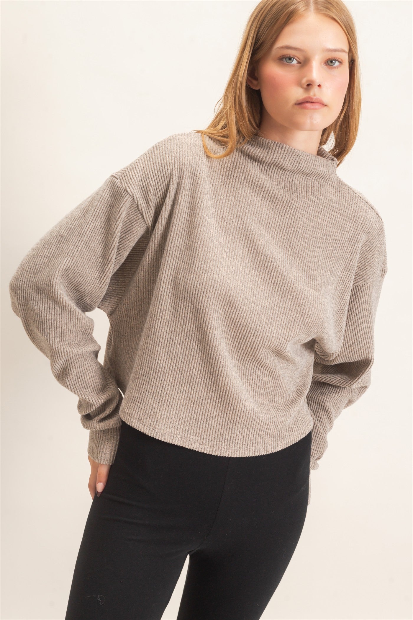 Wholesale Ribbed Mock Neck Top Clothing Tops HF26F030 BEIGE HYFVE