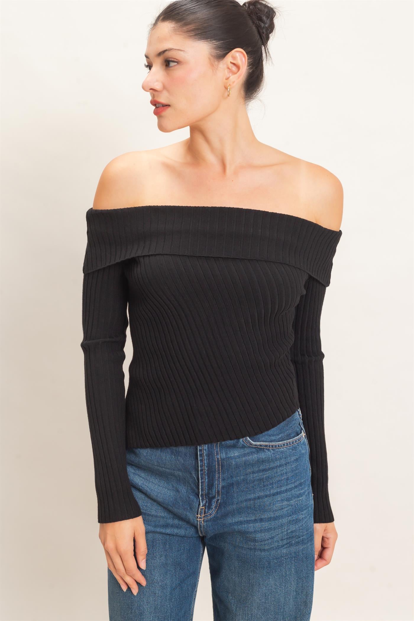 Wholesale Ribbed Off-Shoulder Sweater Sweaters HF26E937 BLACK HYFVE
