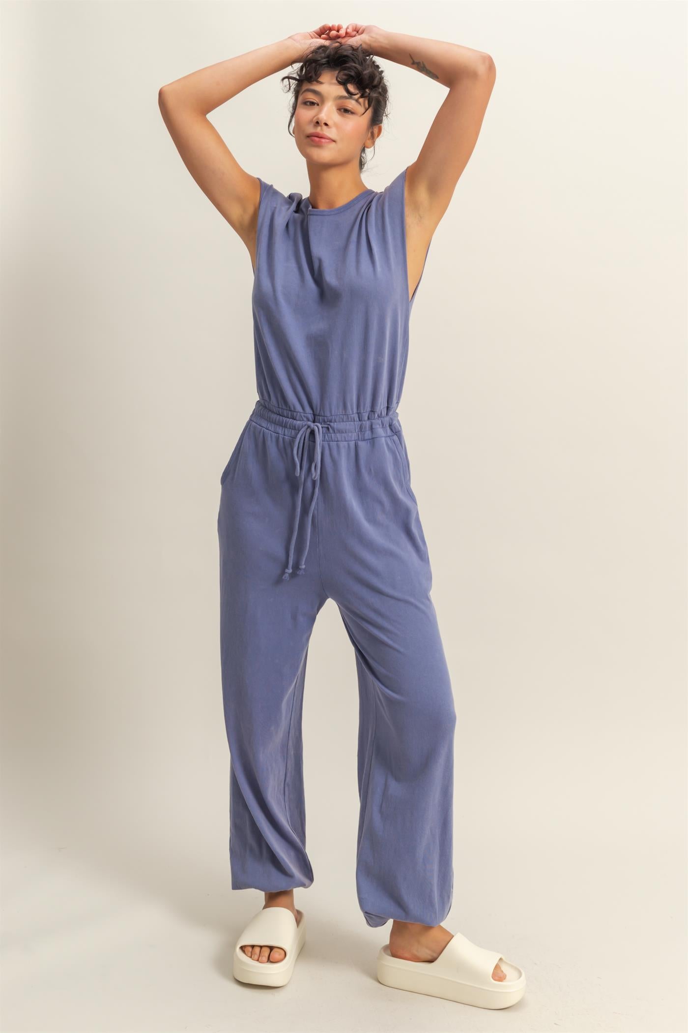Wholesale Short Sleeve Casual Jumpsuit Clothing DZ24C619 DUSTY INDIGO DOUBLE ZERO