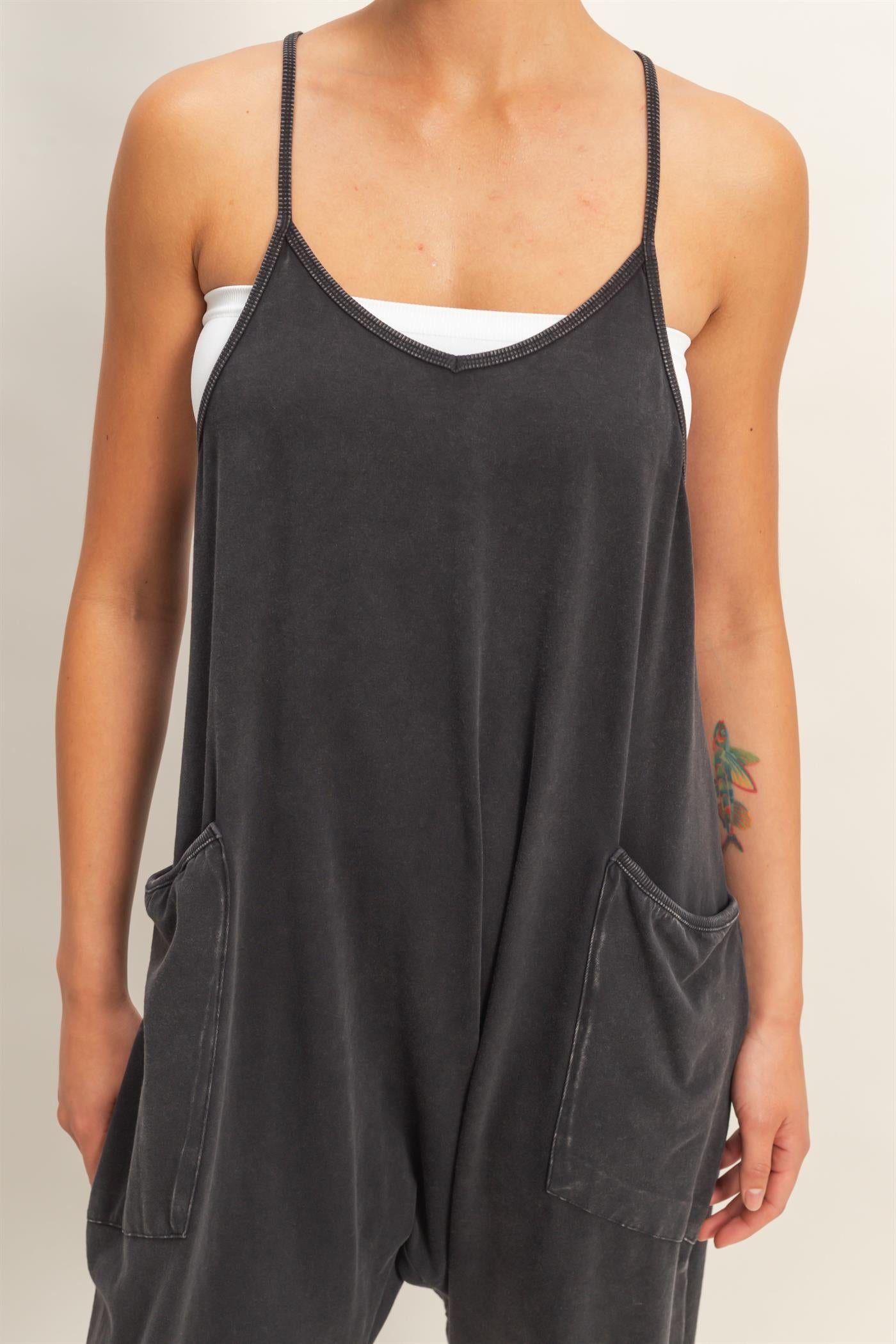 Wholesale Mineral Wash Spaghetti Strap Jumpsuit Clothing DZ26C375 BLACK DOUBLE ZERO